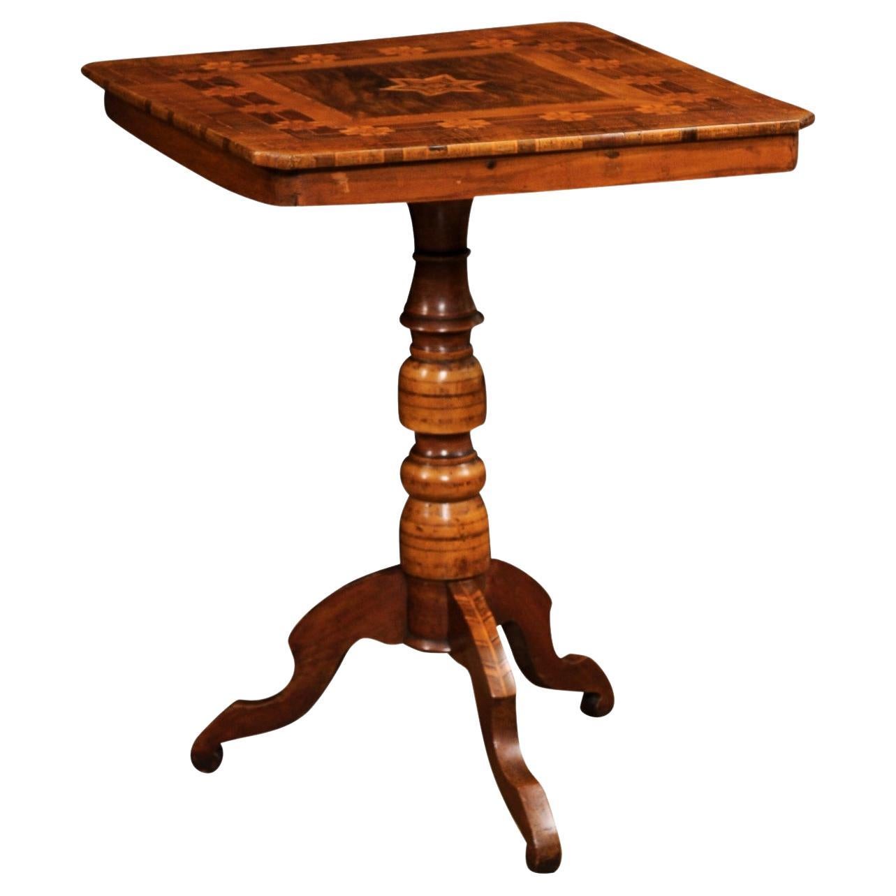 Italian 19th Century Center Table with Marquetry Décor and Turned Pedestal For Sale