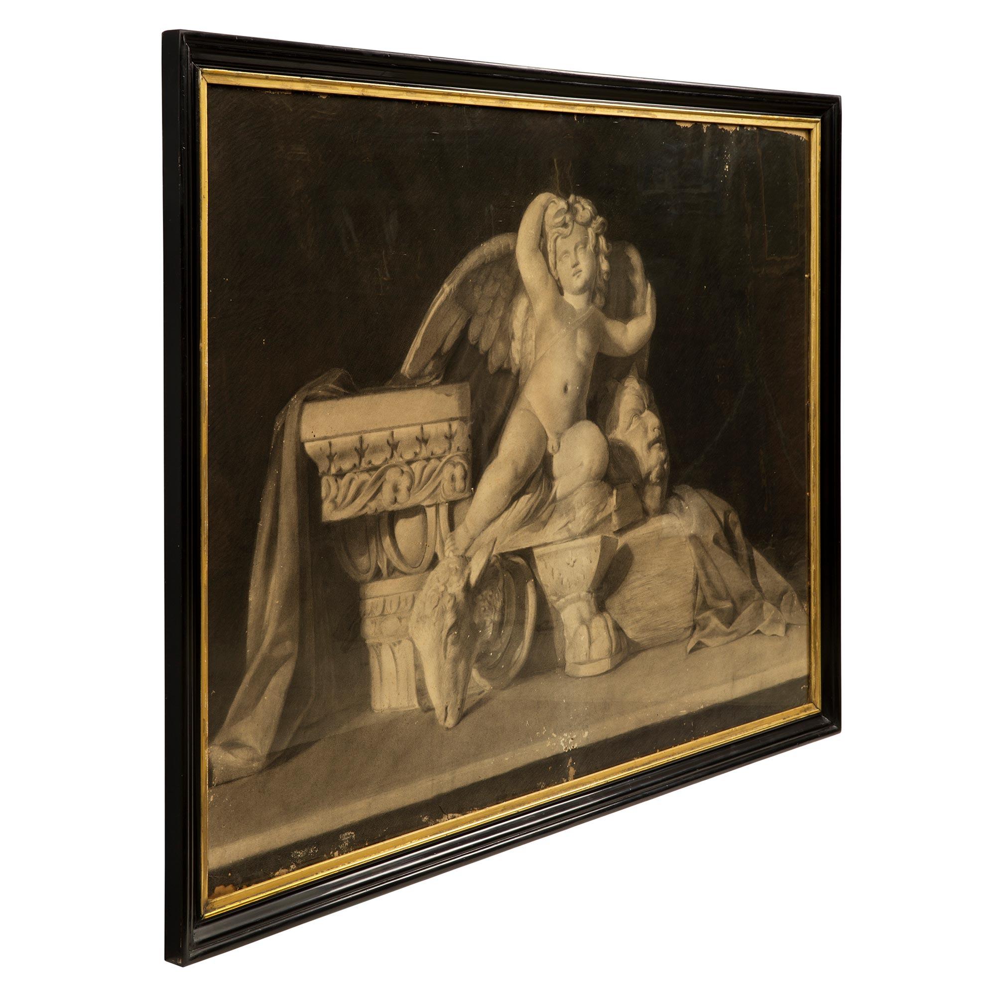 A very fine and most charming Italian 19th century charcoal grisaille of a winged cherub. The beautiful art work is within its original ebonized fruit wood and giltwood frame with a decorative mottled design. At the center is the wonderfully
