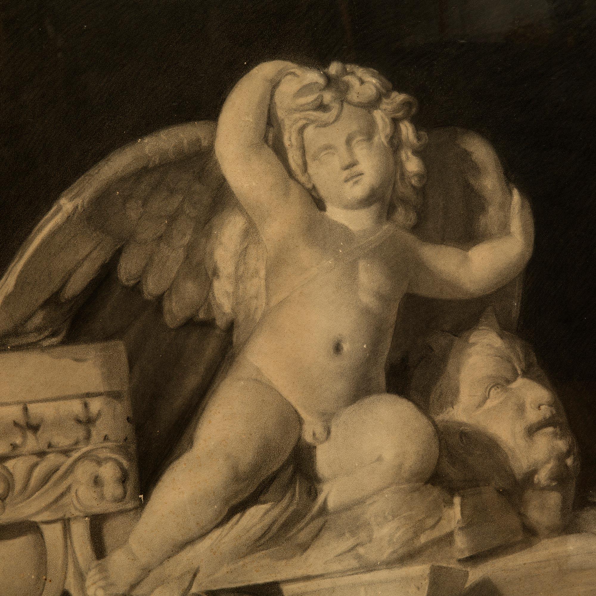 Italian 19th Century Charcoal Grisaille of a Winged Cherub In Good Condition For Sale In West Palm Beach, FL
