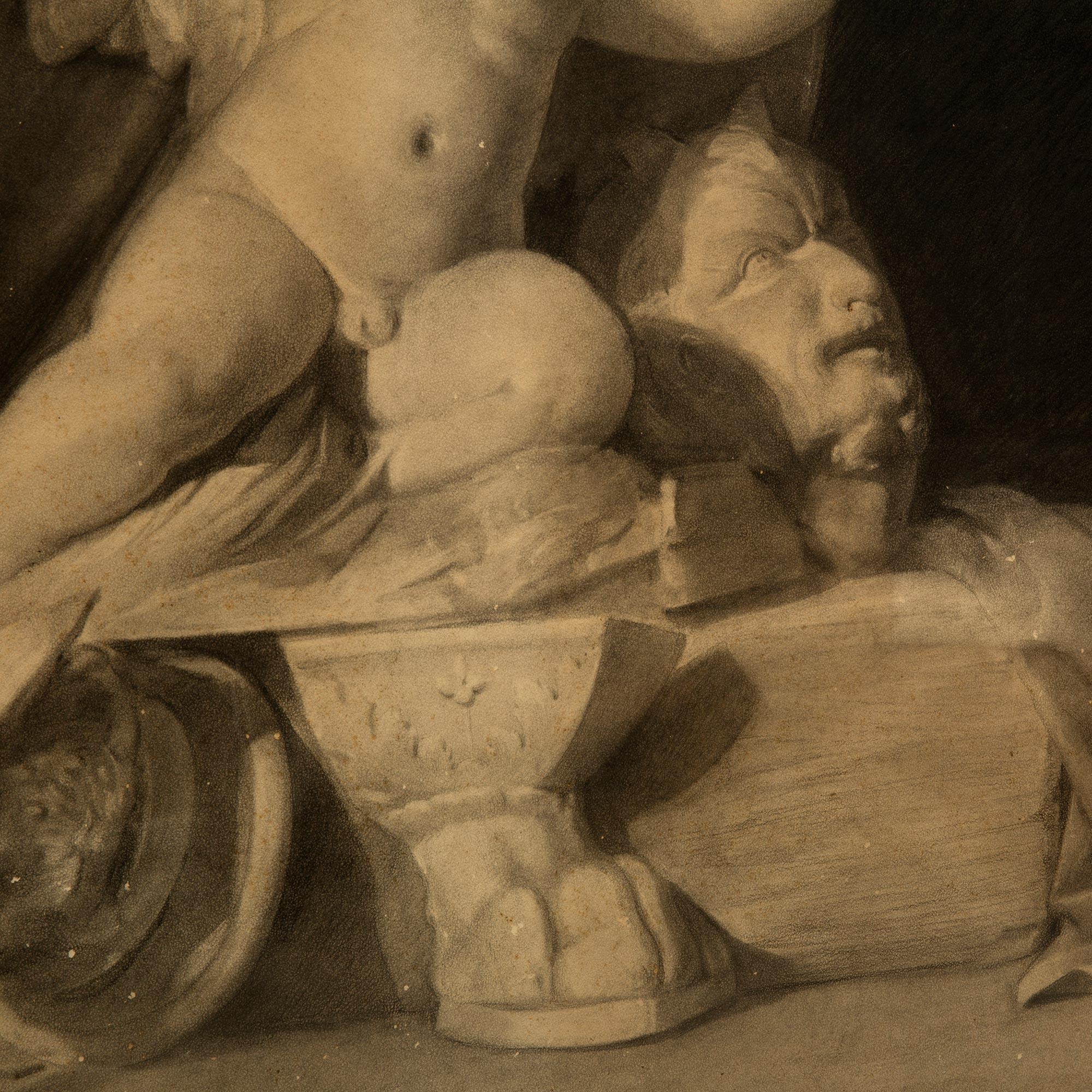 Italian 19th Century Charcoal Grisaille of a Winged Cherub For Sale 1