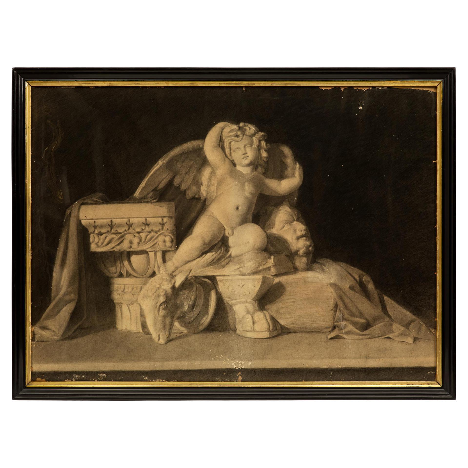 Italian 19th Century Charcoal Grisaille of a Winged Cherub For Sale