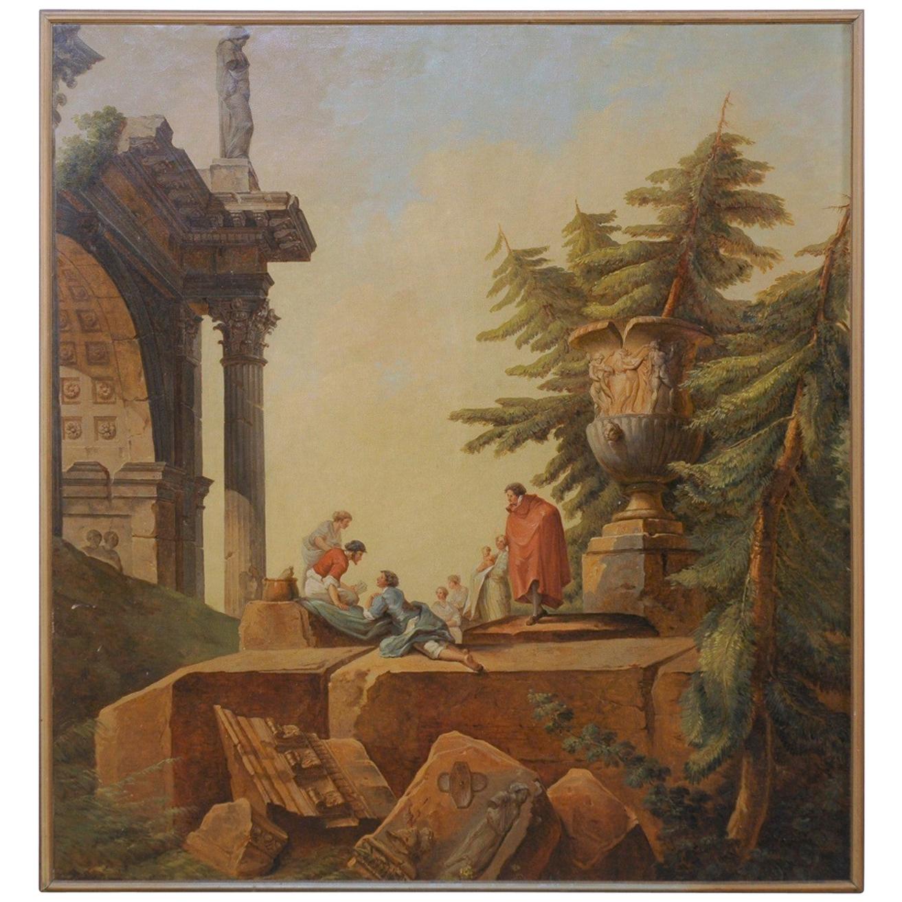 Peinture murale italienne classique du 19ème siècle encadrée de style romain