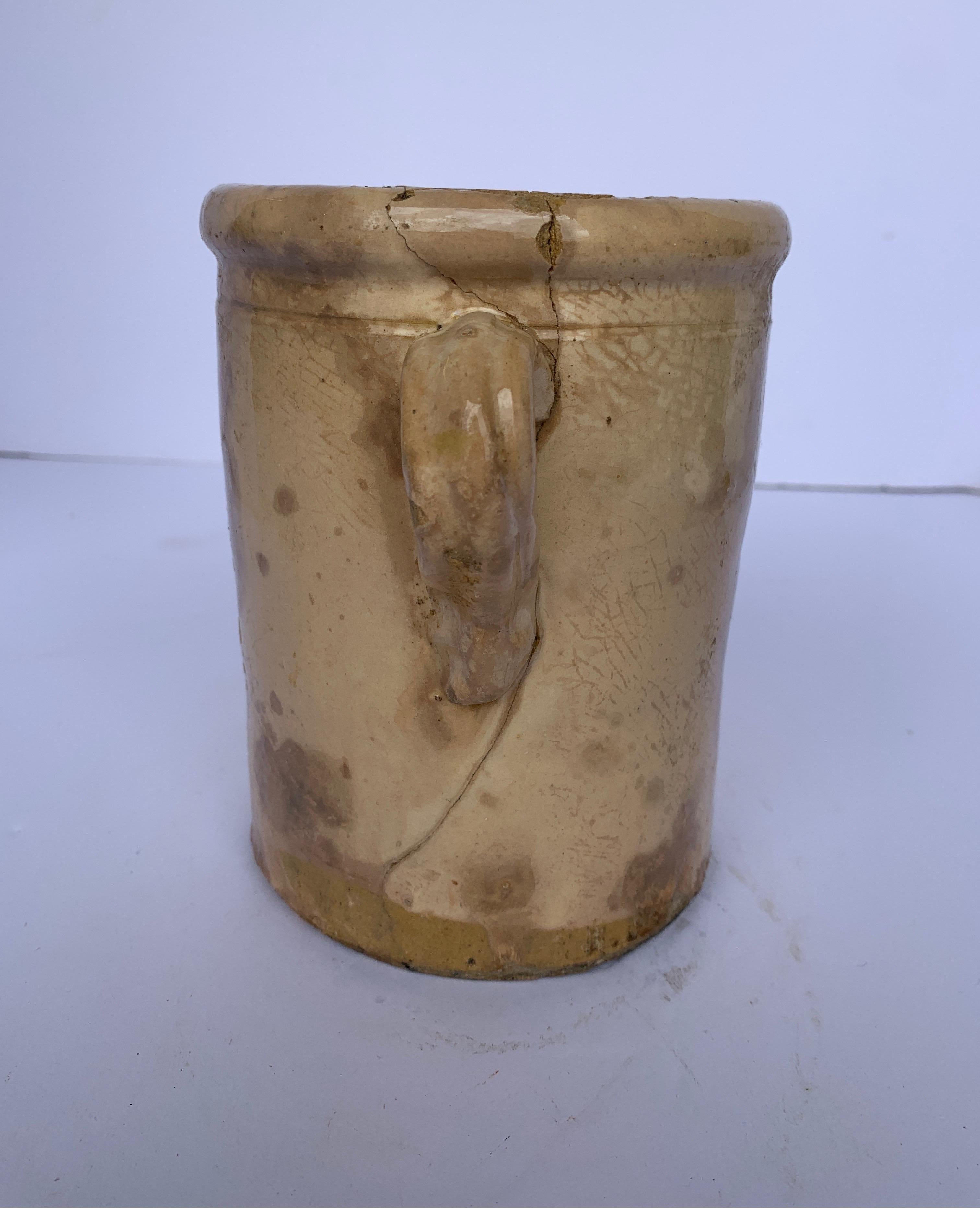 Italian 19th Century Confit Cream Jar with Double Handles In Distressed Condition In Houston, TX