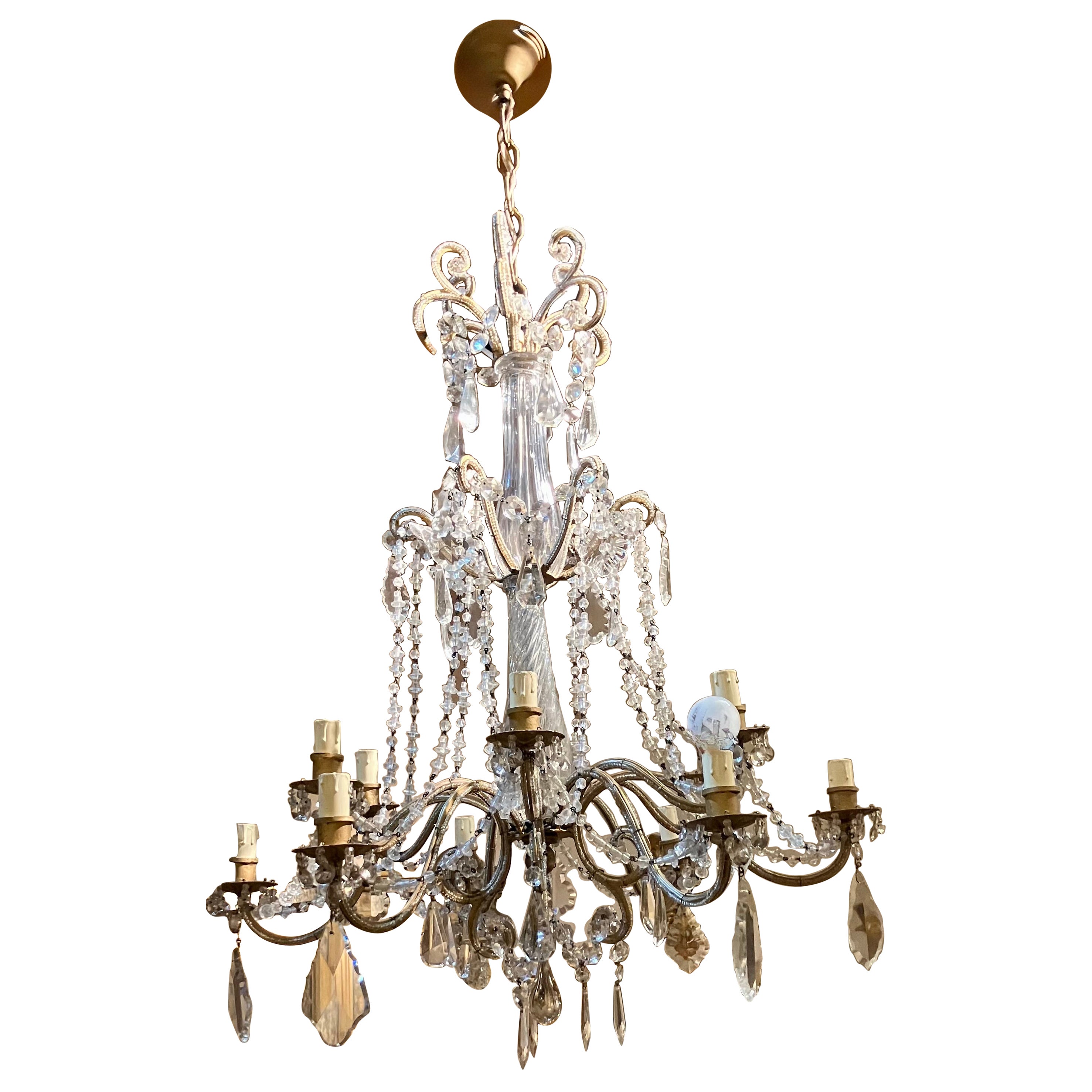 Italian 19th Century Crystal and Murano 12-Light Cage Chandelier, Louis XV Style For Sale