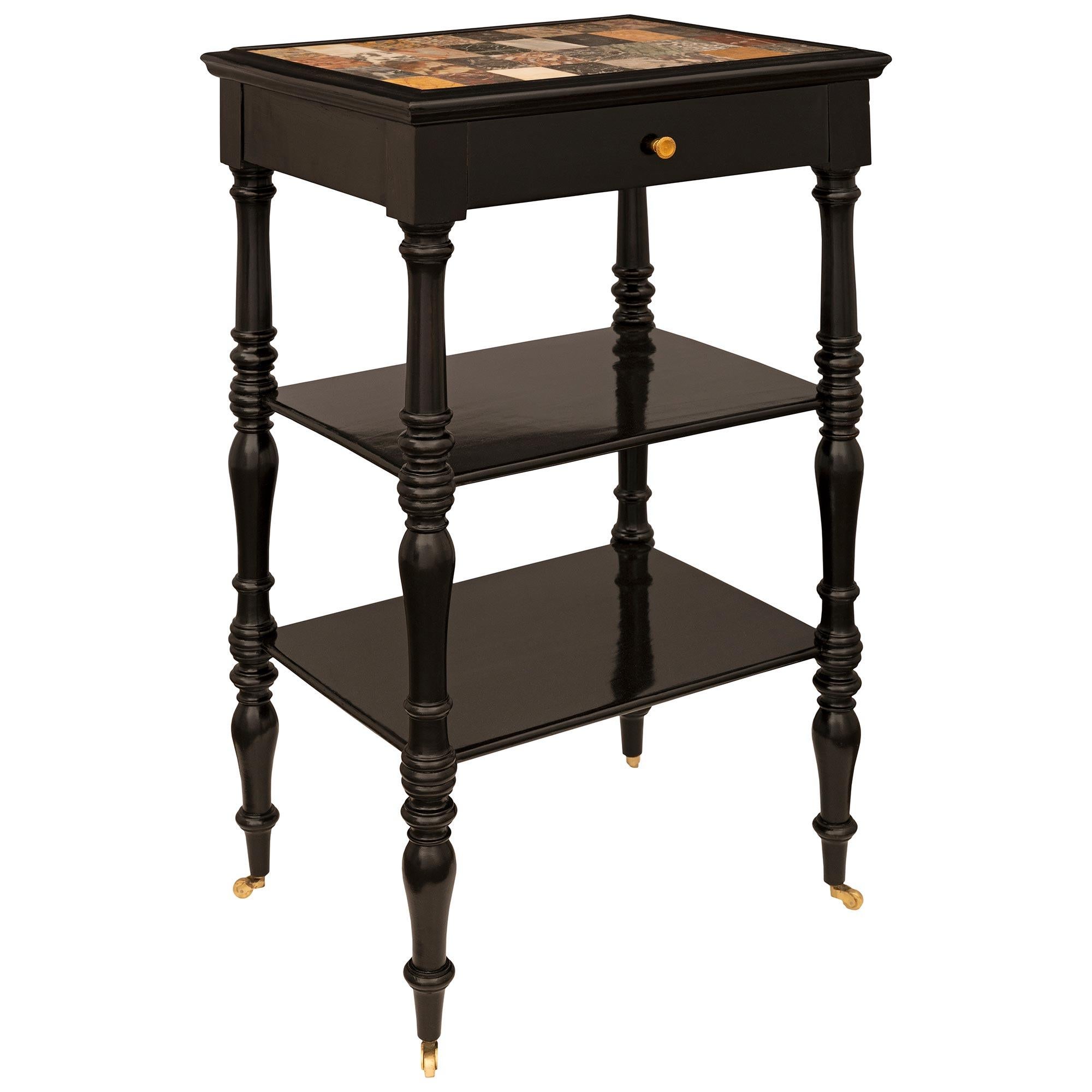 Italian 19th century ebonized Fruitwood, Ormolu and Specimen Marble side table In Good Condition For Sale In West Palm Beach, FL