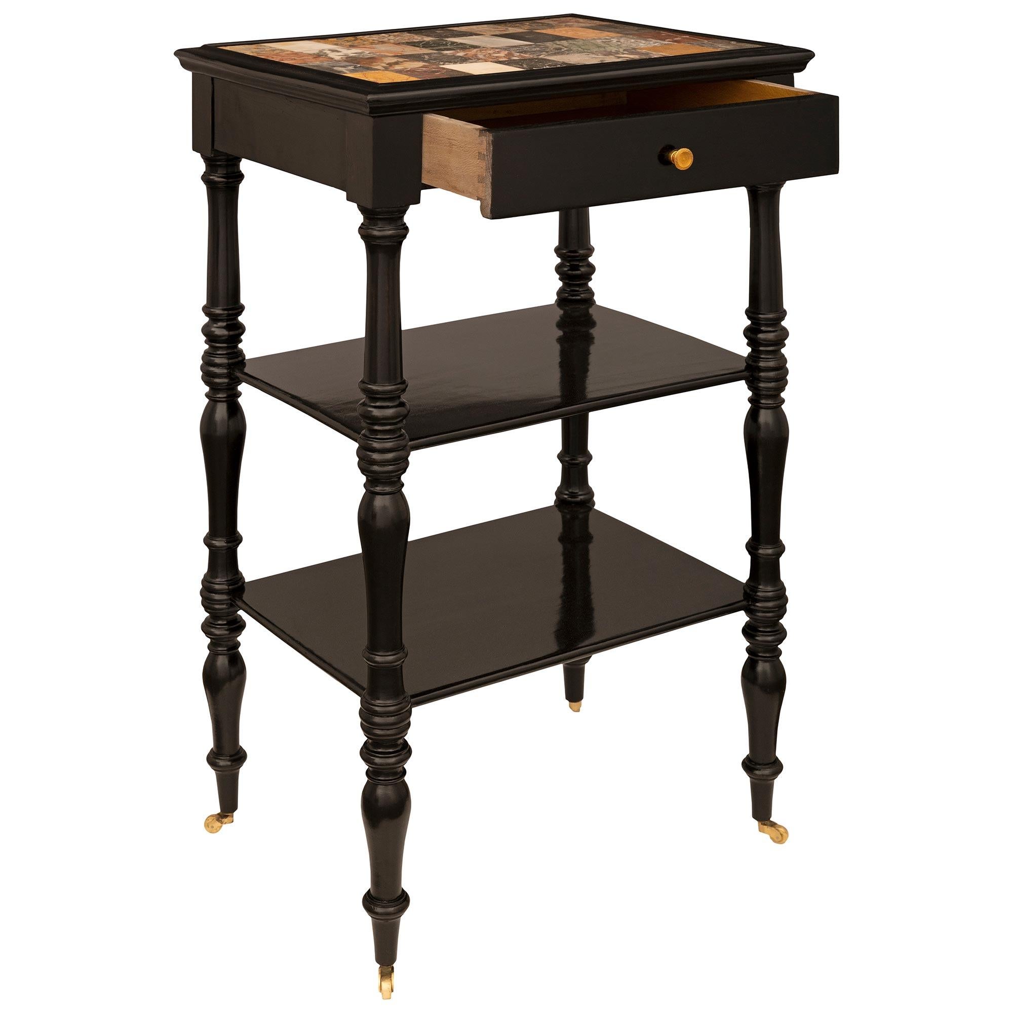 19th Century Italian 19th century ebonized Fruitwood, Ormolu and Specimen Marble side table For Sale