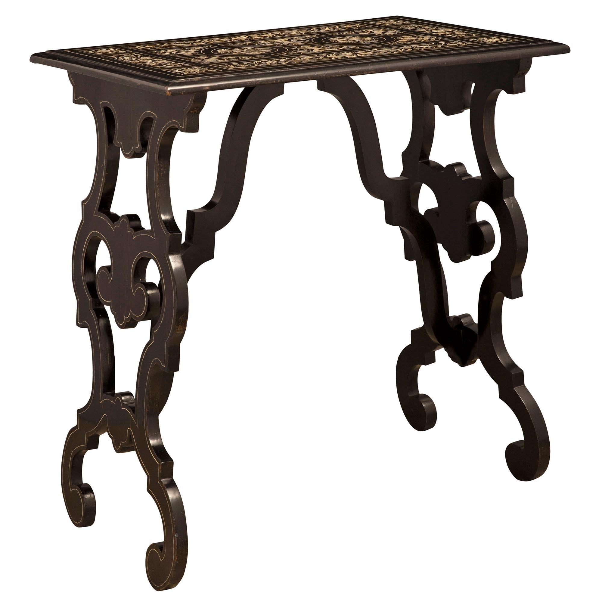 Italian 19th Century Ebony and Bone Trestle Table In Good Condition For Sale In West Palm Beach, FL