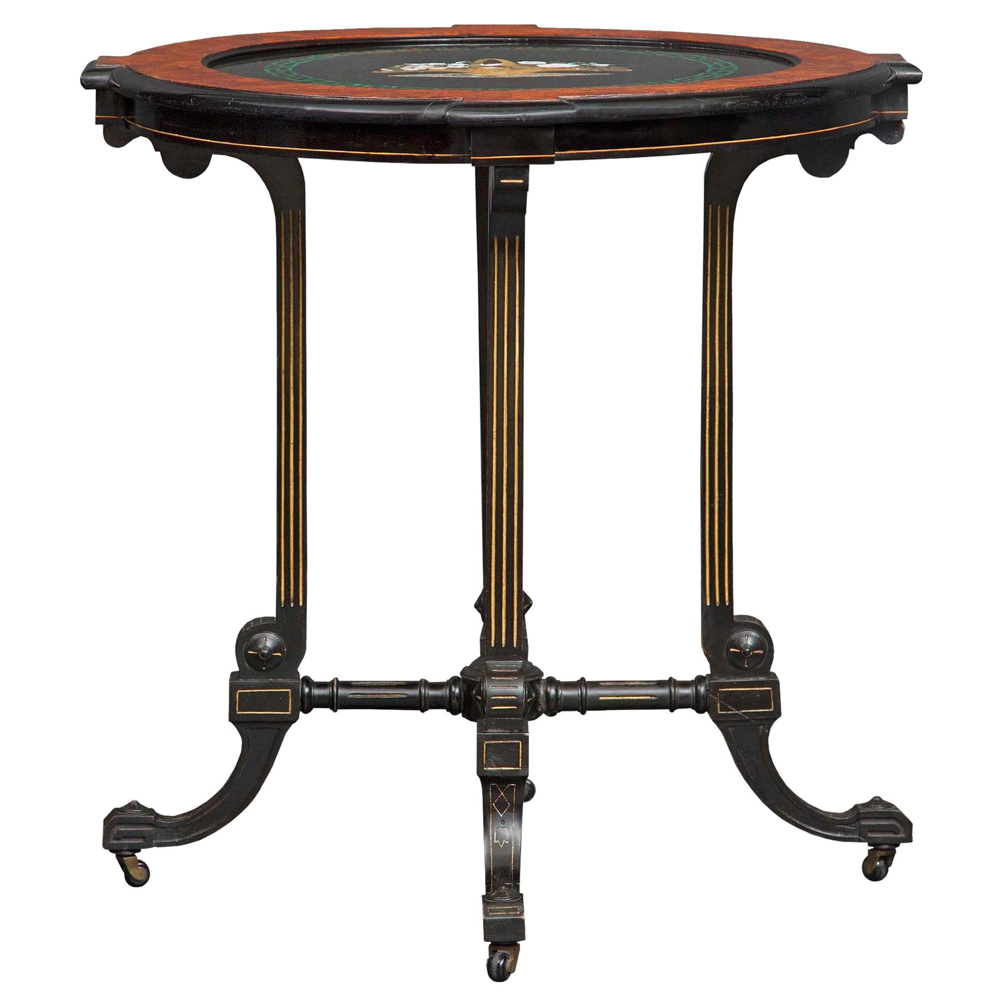Table d'appoint italienne du 19ème siècle en ébène, ronce de noyer, bois doré et Pietra Dura en vente