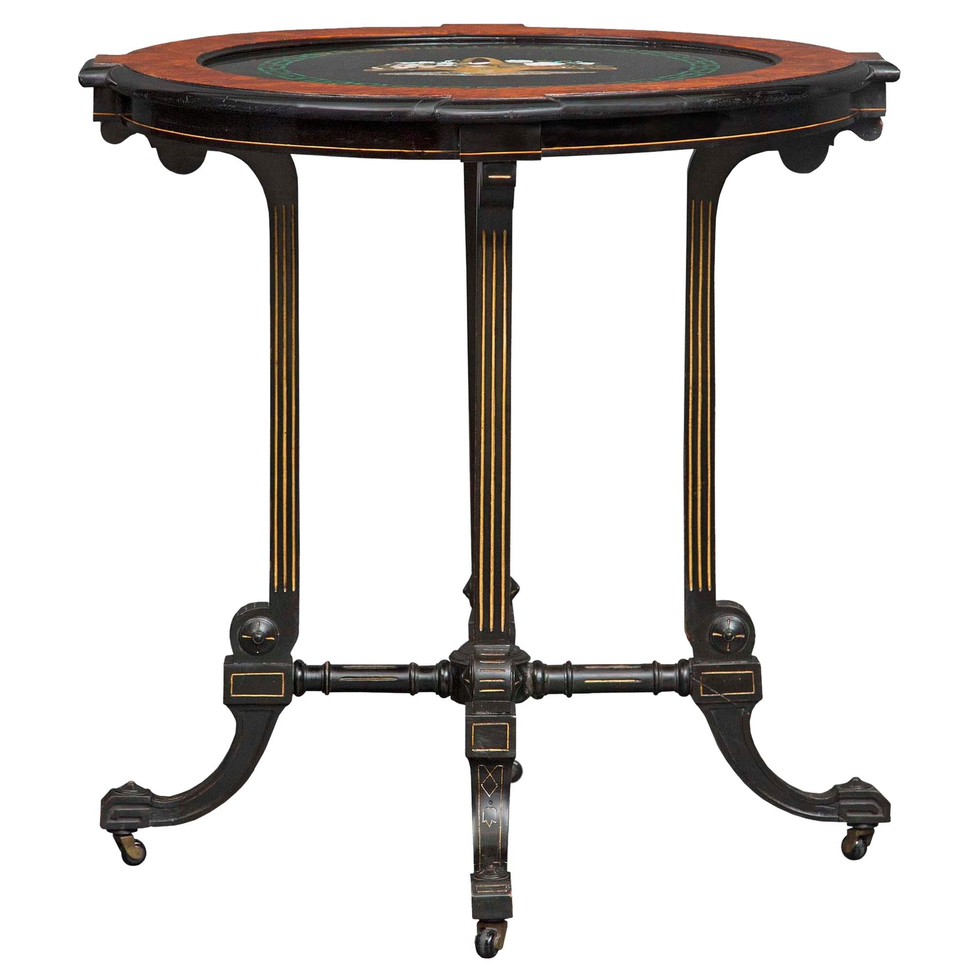 Table d'appoint italienne du 19ème siècle en ébène, ronce de noyer, bois doré et Pietra Dura