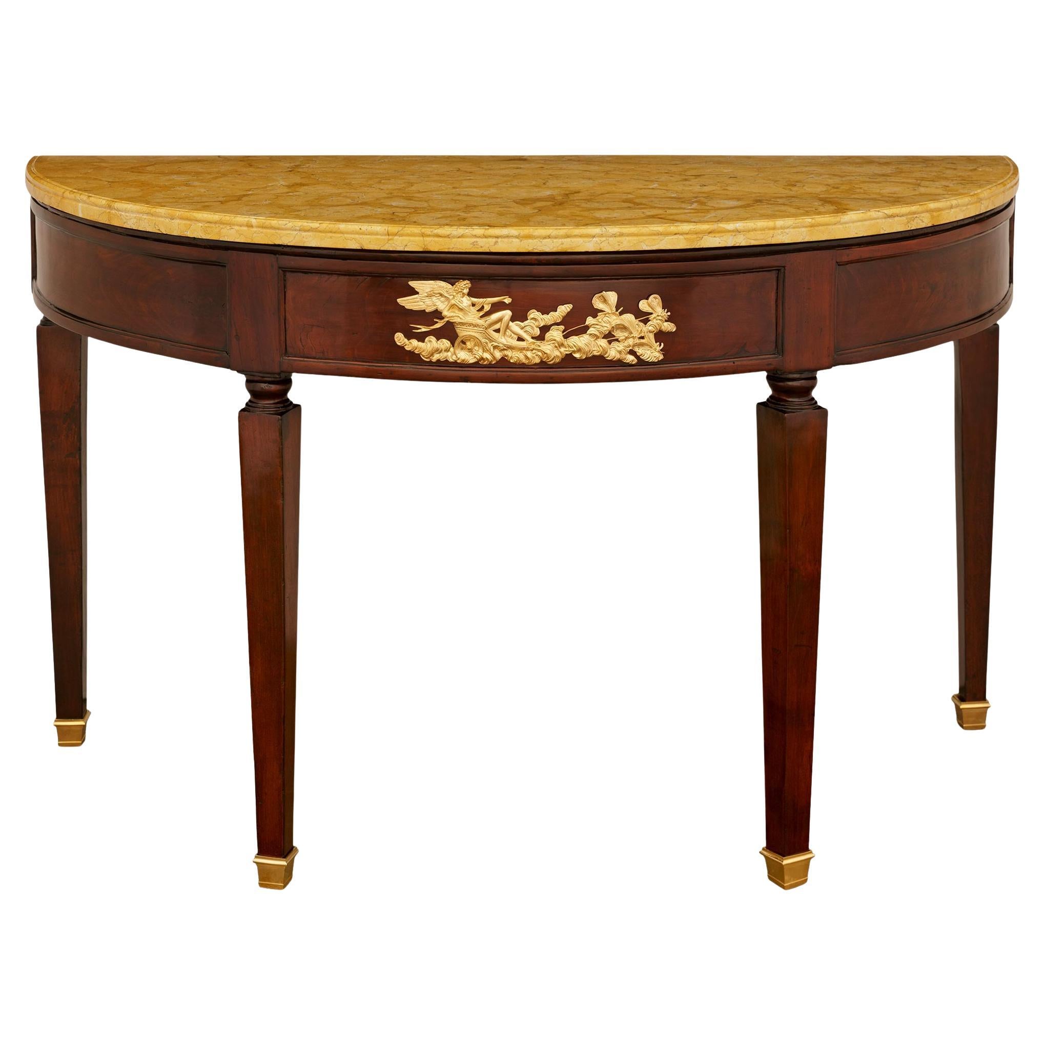 Italian 19th century Empire st. Mahogany, Ormolu, and Sienna marble console For Sale
