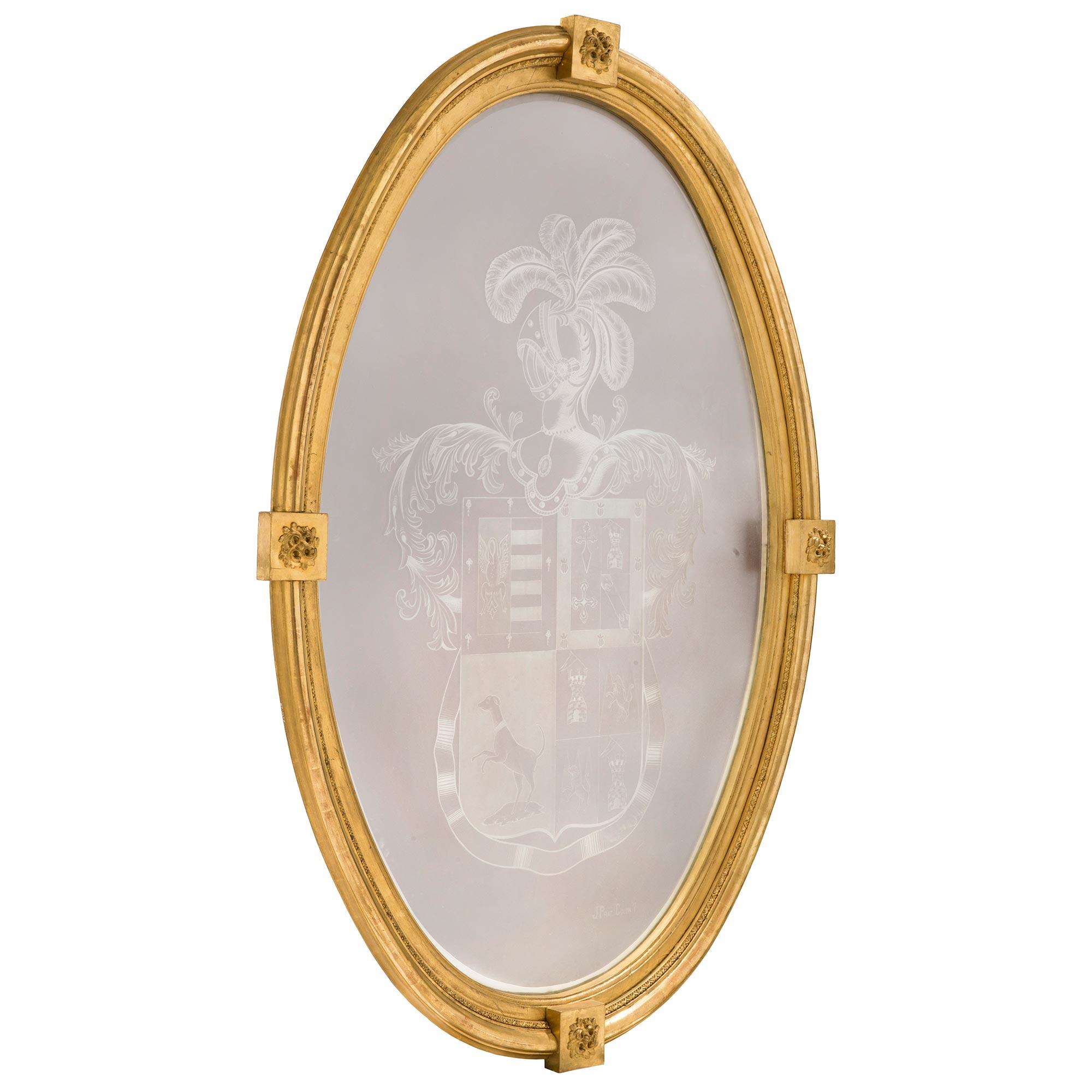 A unique and extremely decorative Italian 19th century etched frosted glass and giltwood plaque signed J. Prat. Colon 7. The large scale wall decor retains its original beautiful frosted glass pane with a finely detailed family crest etched design.