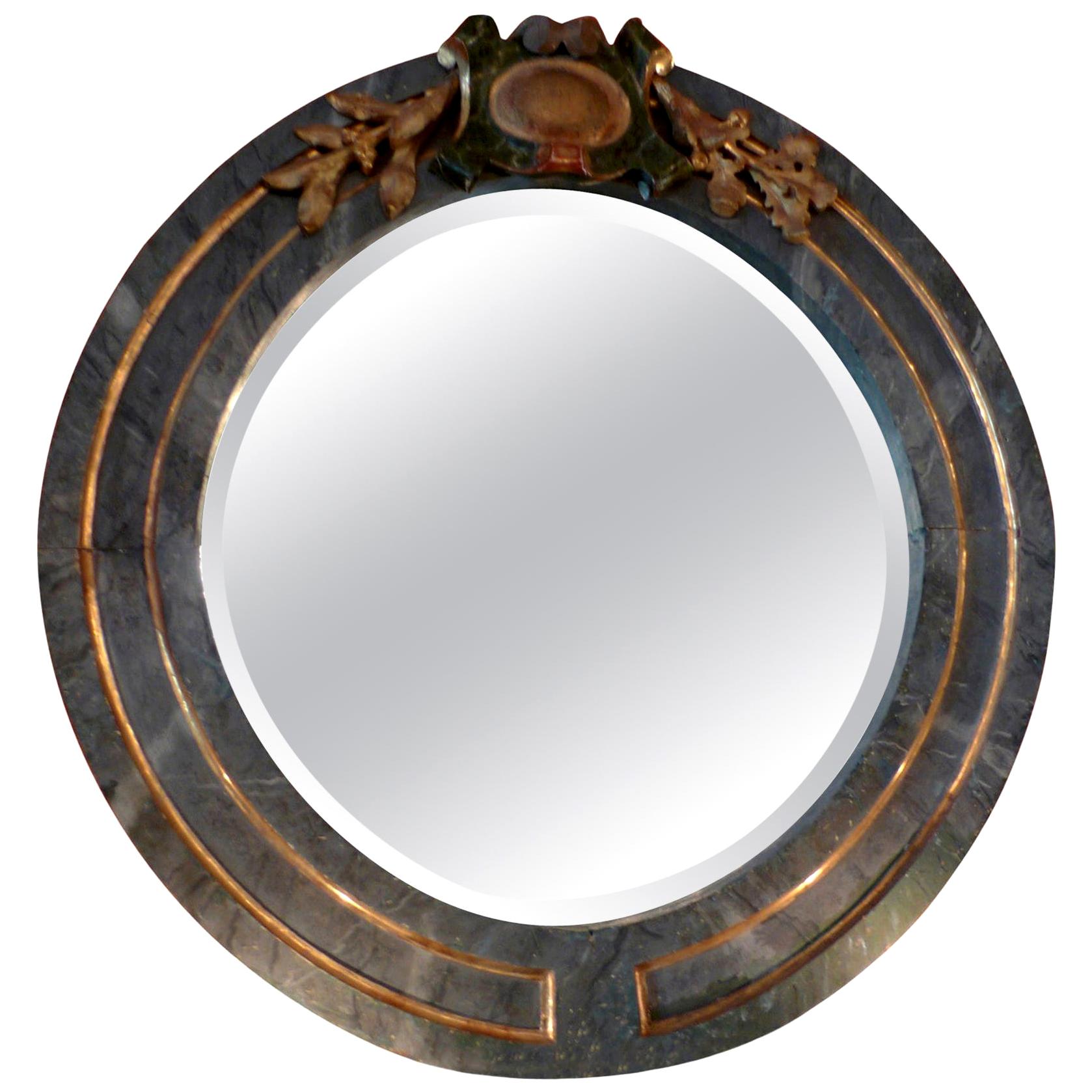 Italian 19th Century Faux Marble Green and Gold Round Wood Framed Mirror