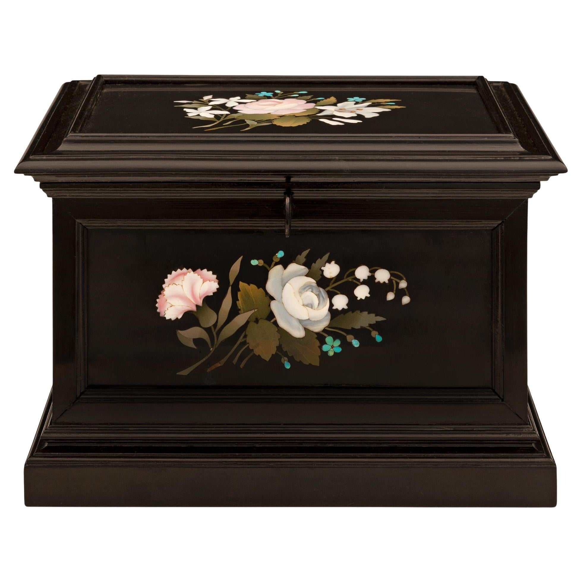 Italian 19th Century Florentine St. Ebony and Pietra Dura Marble Box For Sale