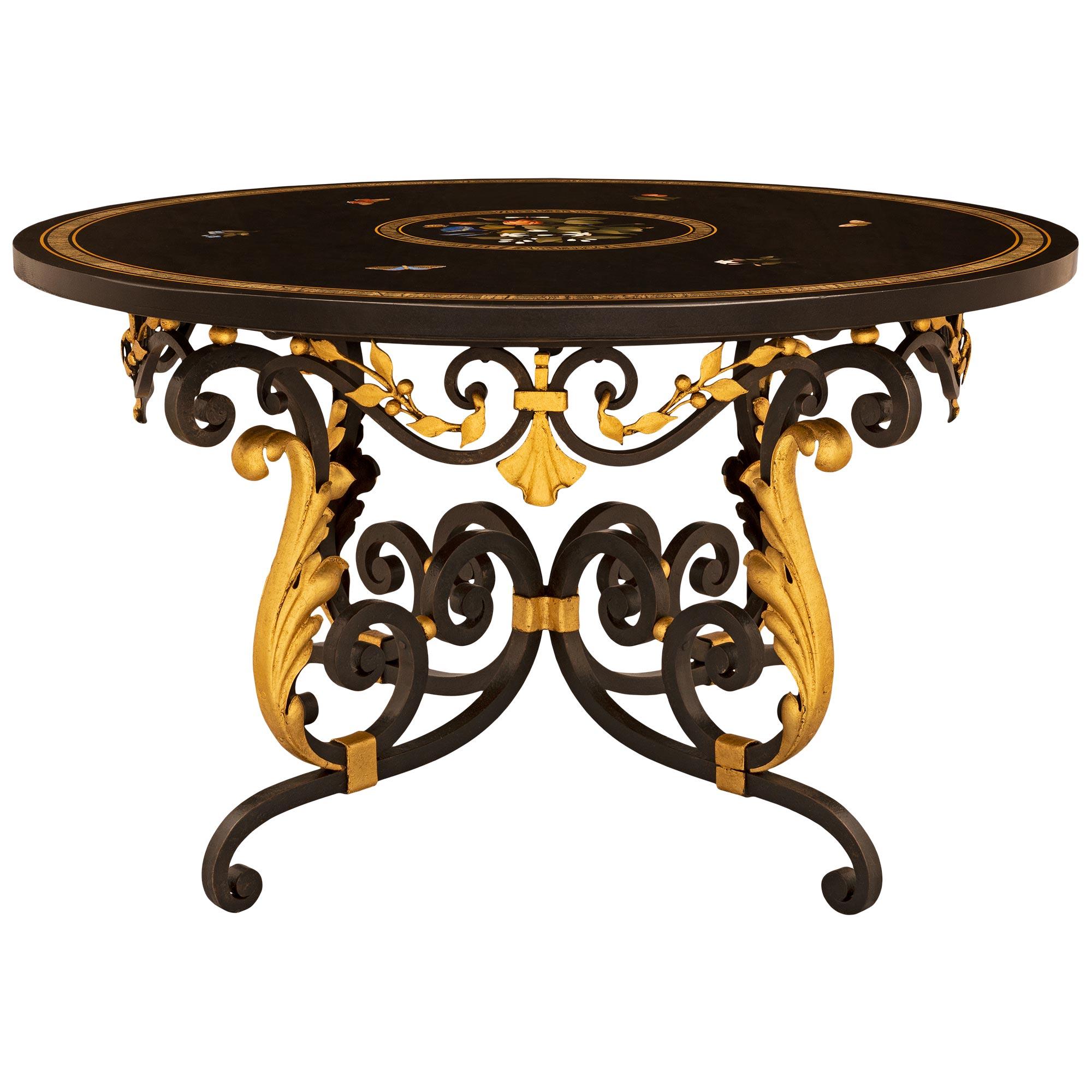 Italian 19th Century Florentine St. Wrought Iron, Gilt Metal And Marble Table In Good Condition For Sale In West Palm Beach, FL