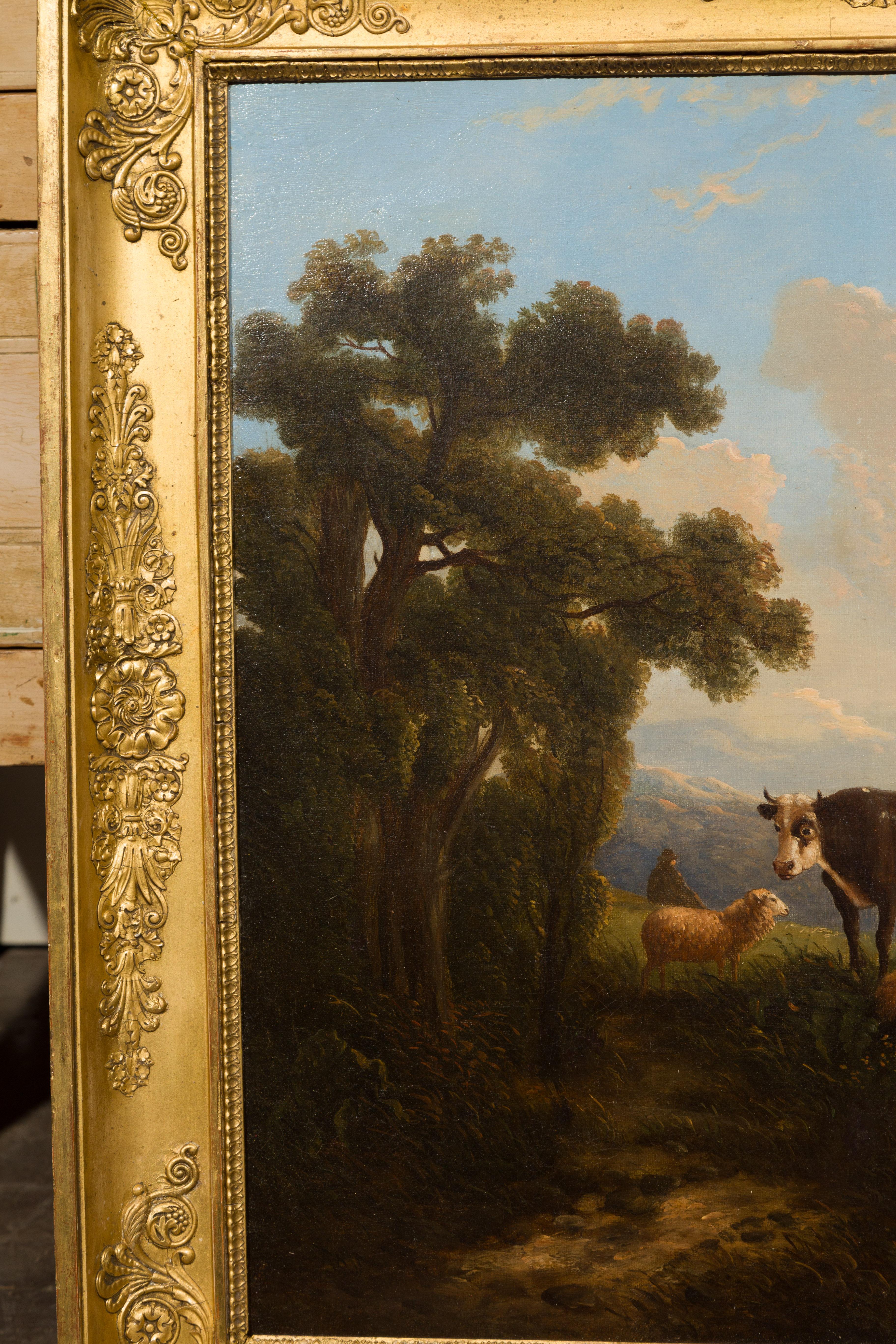 Huile sur toile italienne du 19ème siècle encadrée représentant des vaches dans les pâturages en vente 4