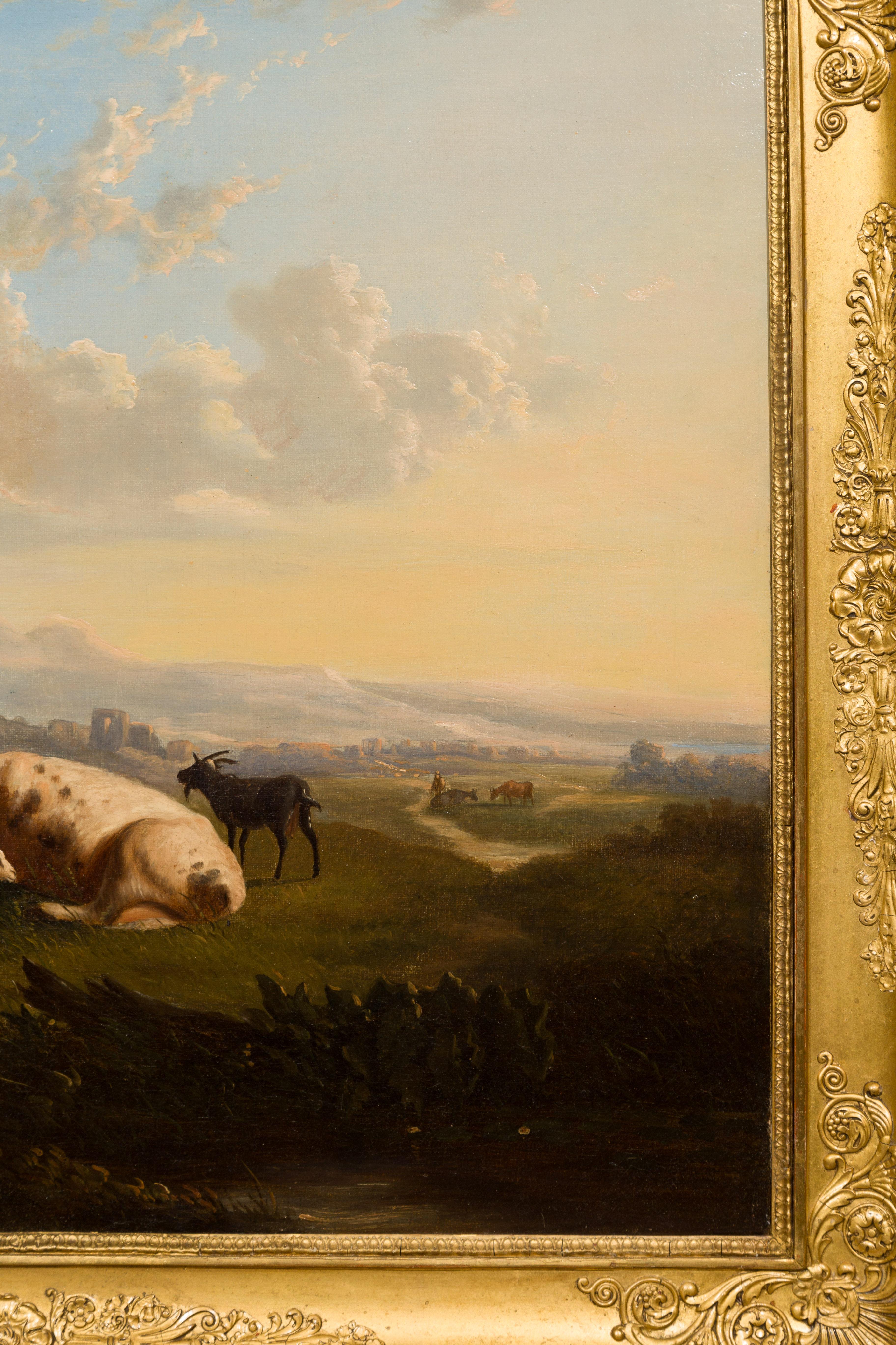 Huile sur toile italienne du 19ème siècle encadrée représentant des vaches dans les pâturages en vente 5