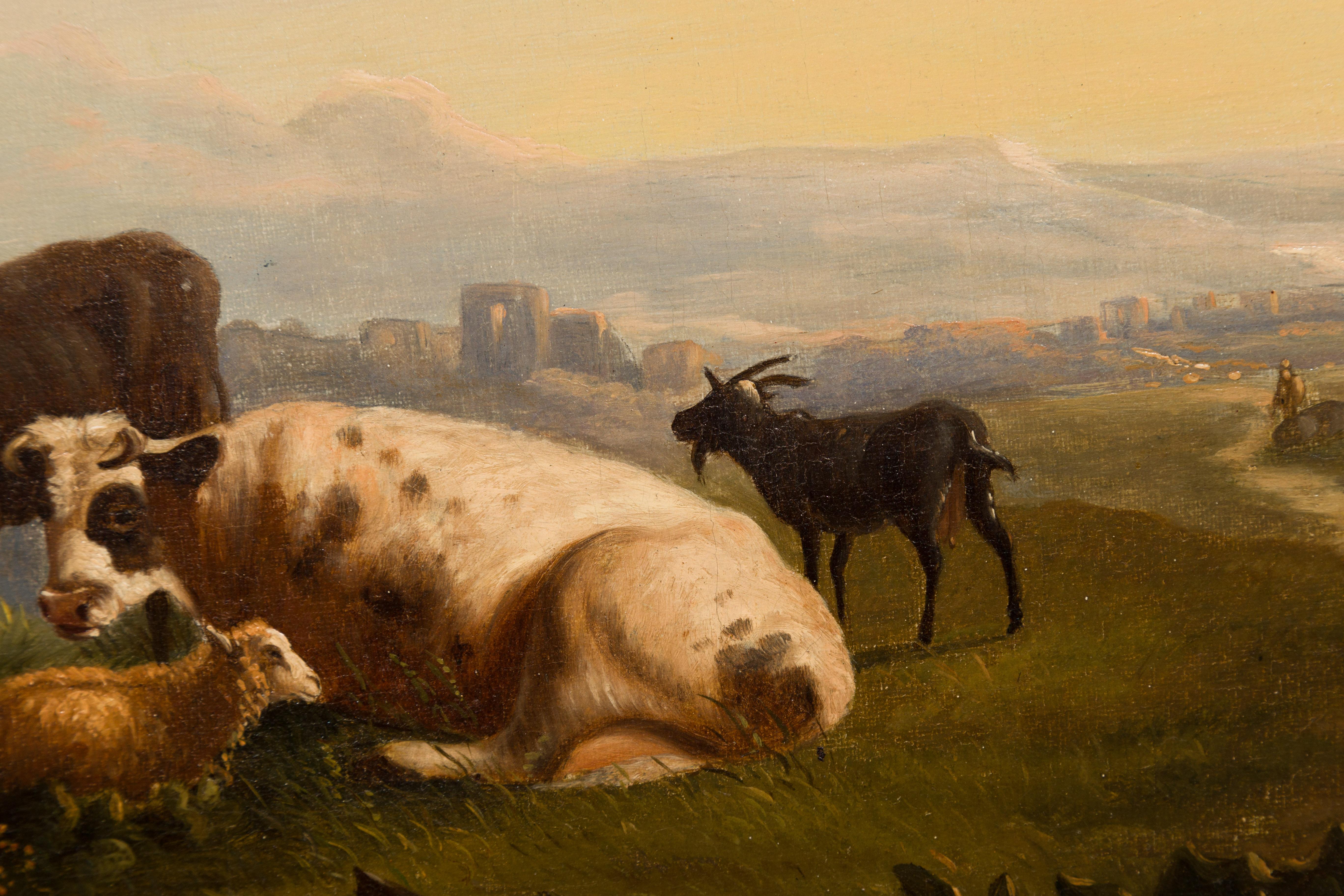 Huile sur toile italienne du 19ème siècle encadrée représentant des vaches dans les pâturages en vente 8