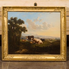 Italian 19th Century Framed Oil on Canvas Painting Depicting Cows in Pastures