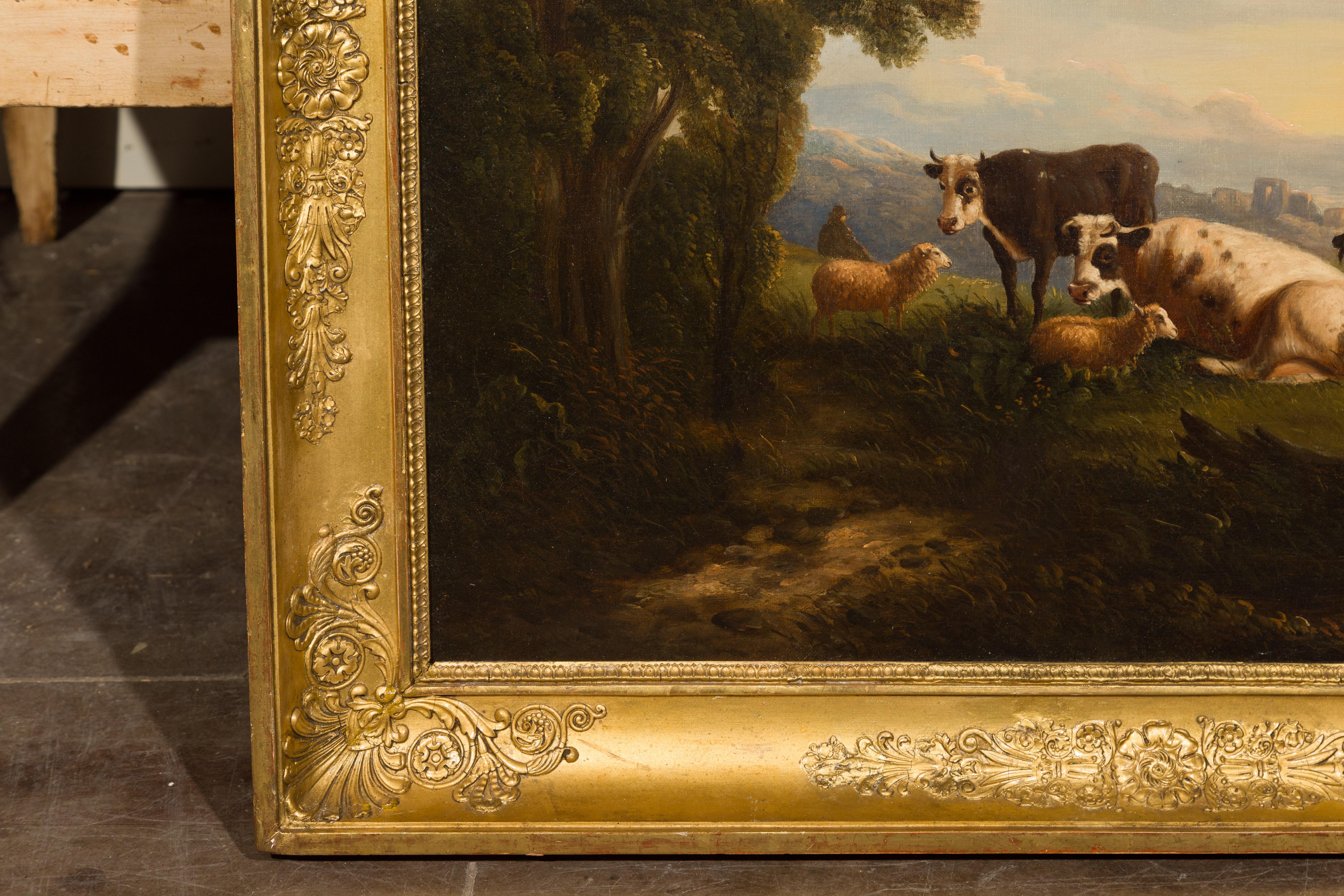 Carved Italian 19th Century Framed Oil on Canvas Painting Depicting Cows in Pastures For Sale