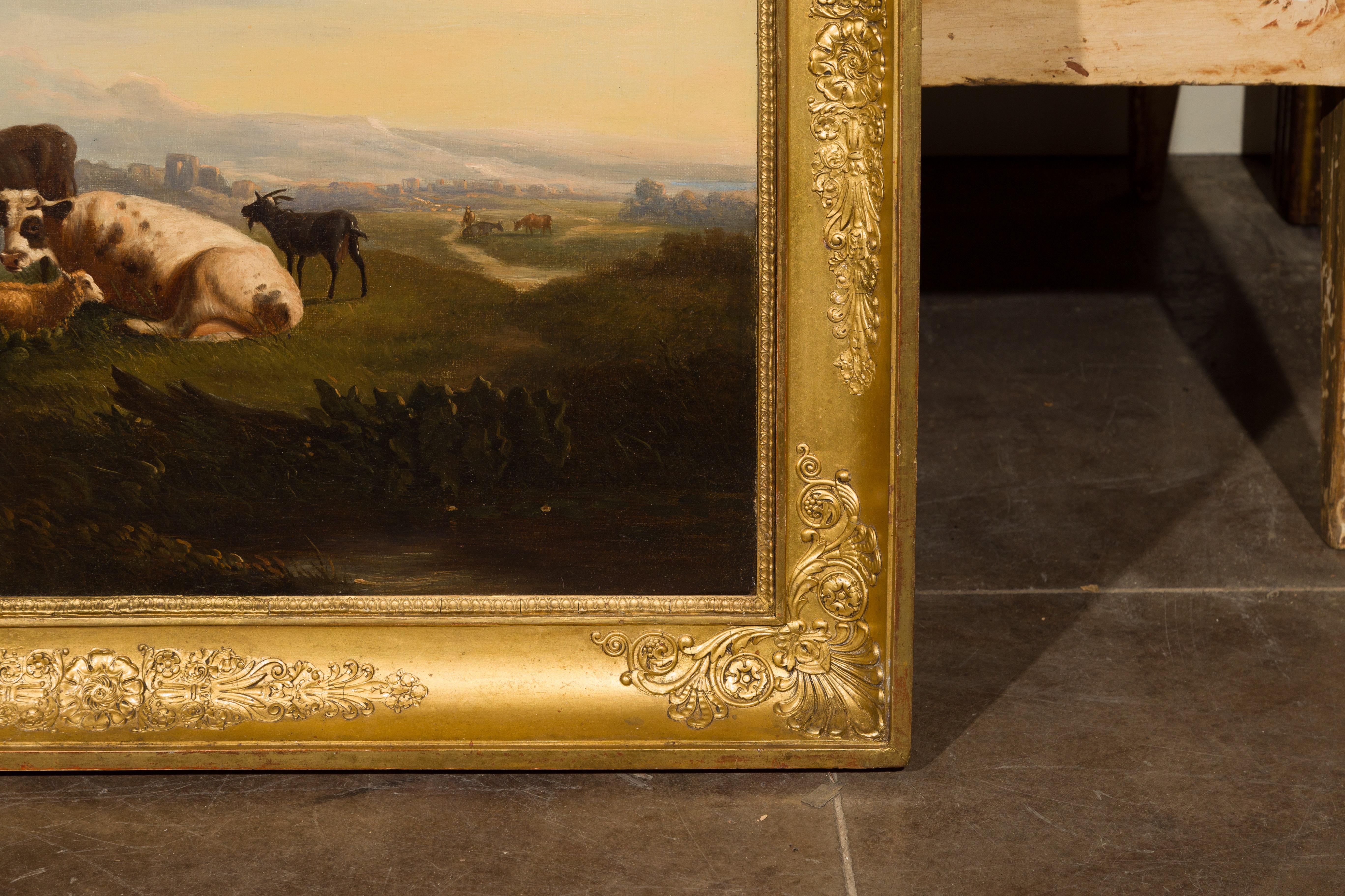 Italian 19th Century Framed Oil on Canvas Painting Depicting Cows in Pastures In Good Condition For Sale In Atlanta, GA