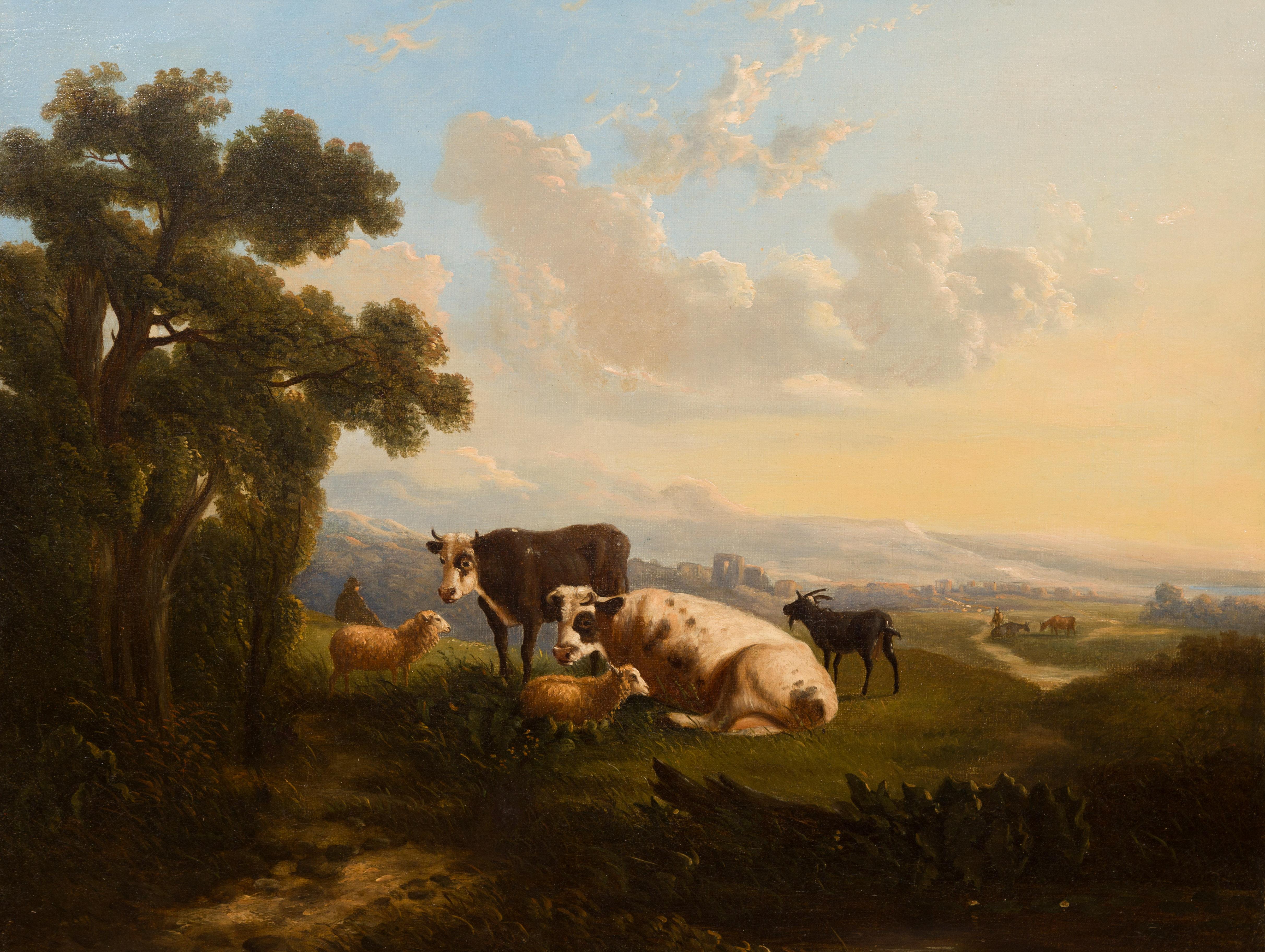 Huile sur toile italienne du 19ème siècle encadrée représentant des vaches dans les pâturages en vente 2