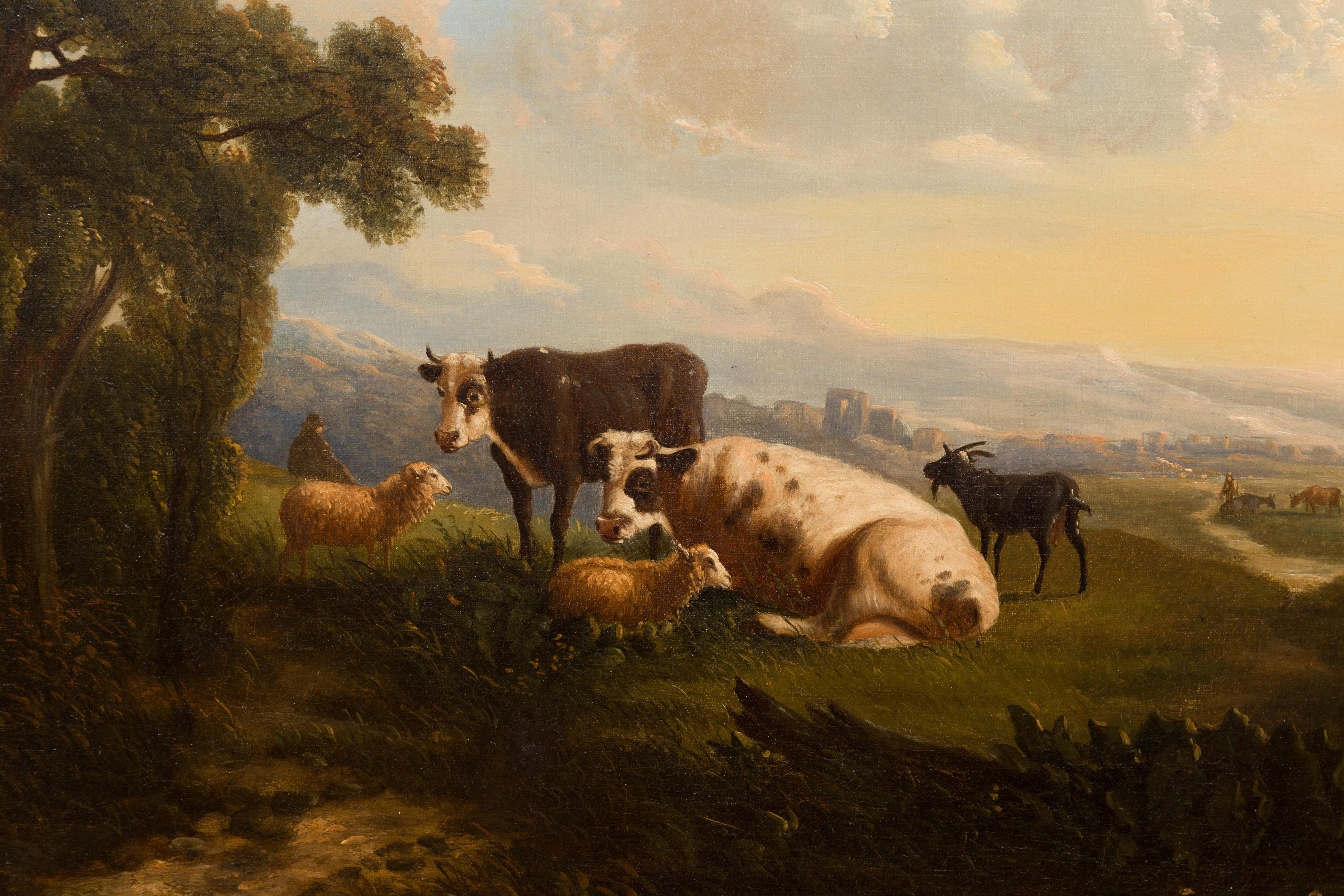 Huile sur toile italienne du 19ème siècle encadrée représentant des vaches dans les pâturages en vente 3