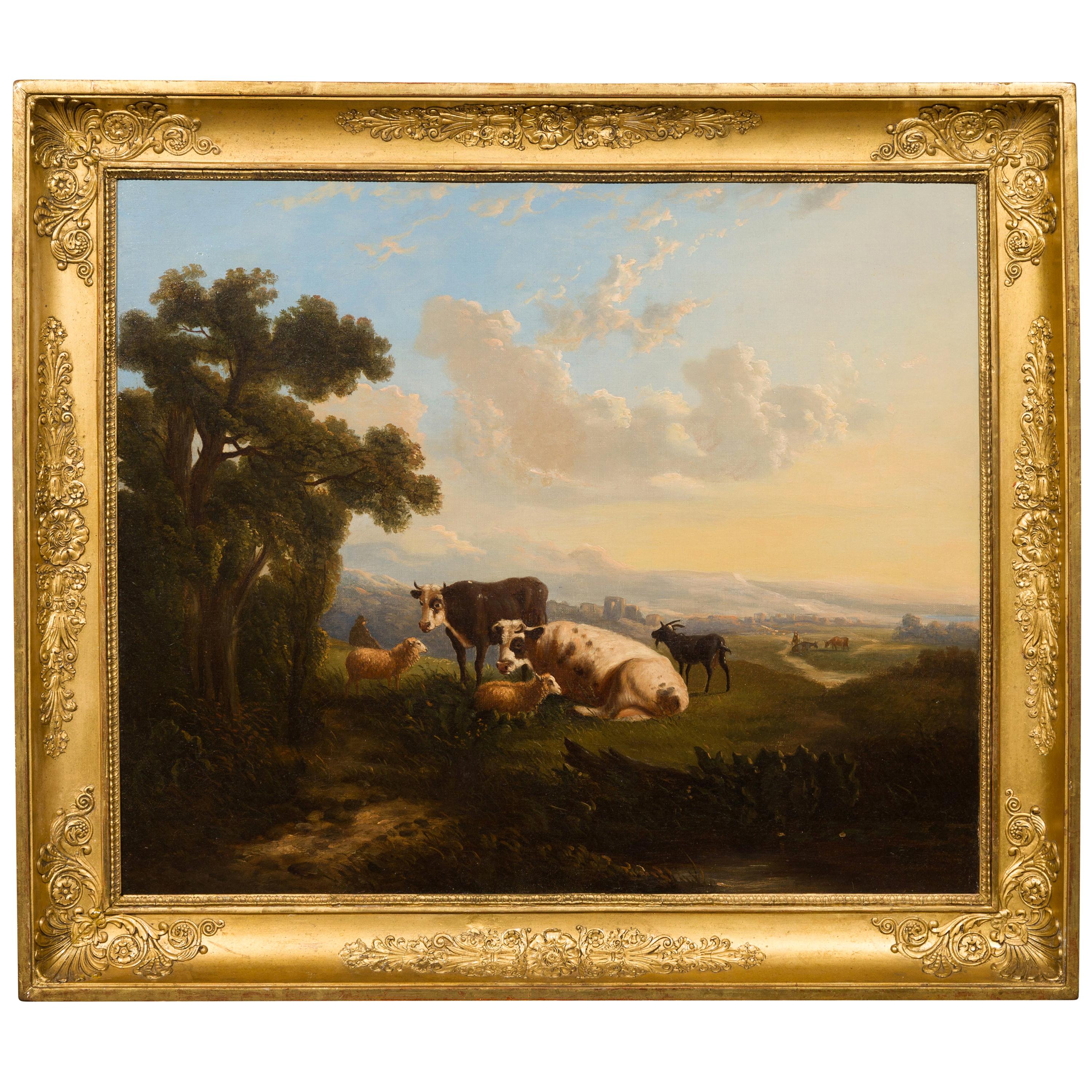 Óleo sobre lienzo italiano del siglo XIX enmarcado que representa vacas en los pastos