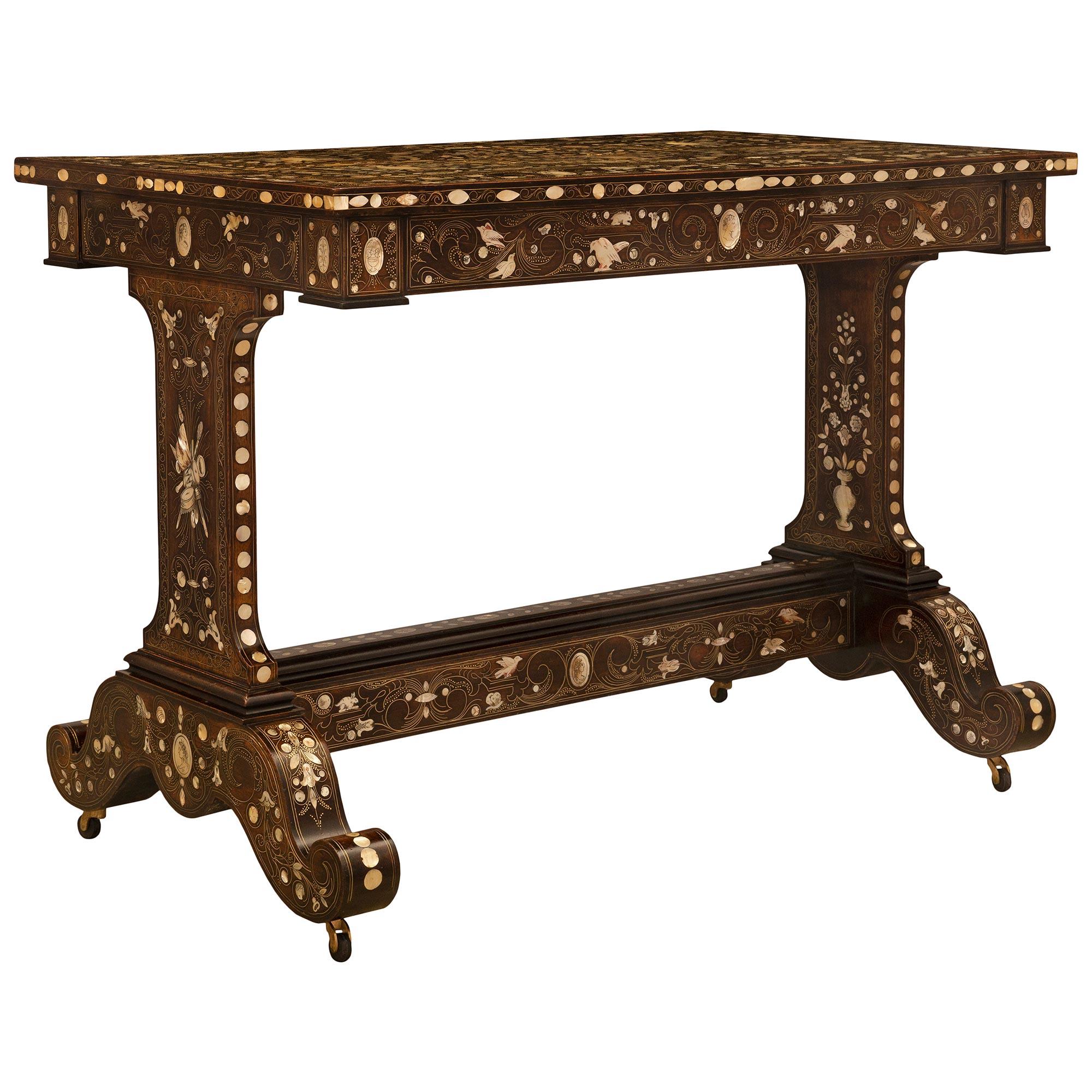Ebonized Italian 19th Century Fruitwood, Brass, Bone and Mother of Pearl Side Table For Sale