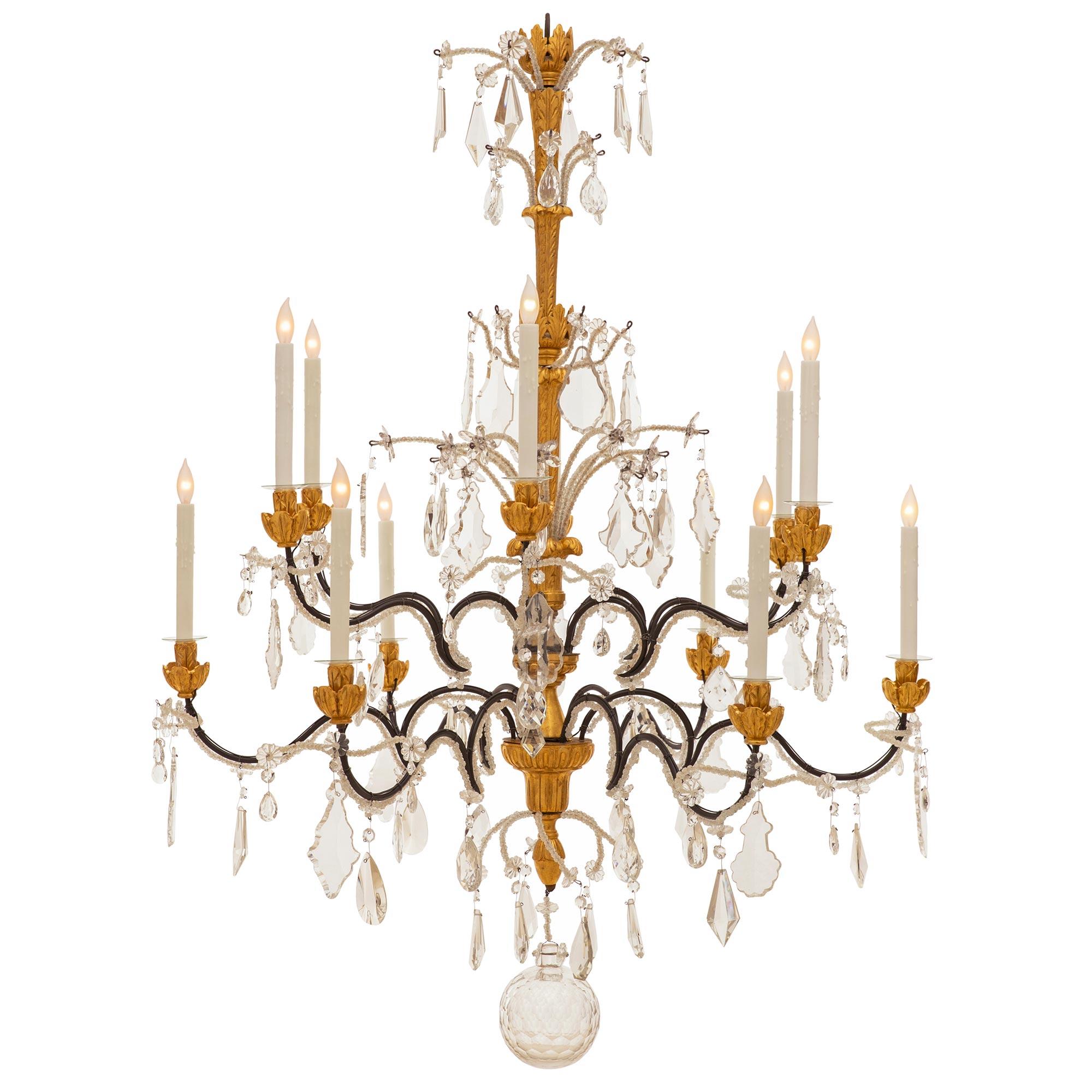 Italian 19th Century Genovese St. Giltwood, Wrought Iron & Crystal Chandelier In Good Condition For Sale In West Palm Beach, FL