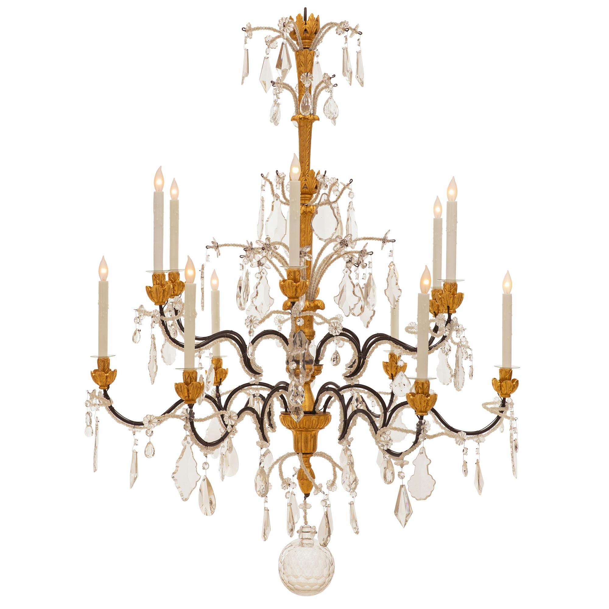 Italian 19th Century Genovese St. Giltwood, Wrought Iron & Crystal Chandelier In Good Condition For Sale In West Palm Beach, FL