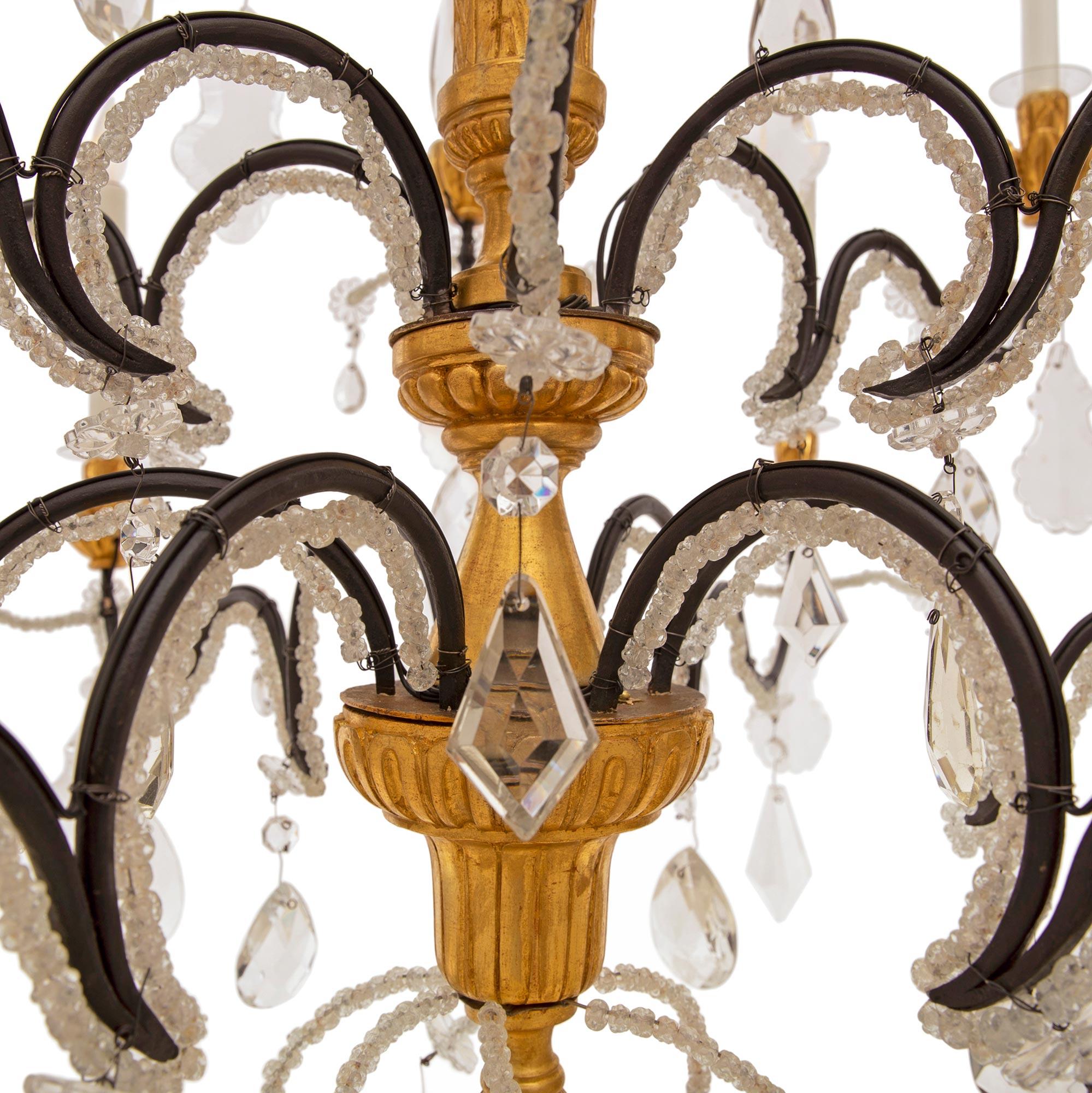 Italian 19th Century Genovese St. Giltwood, Wrought Iron & Crystal Chandelier For Sale 3