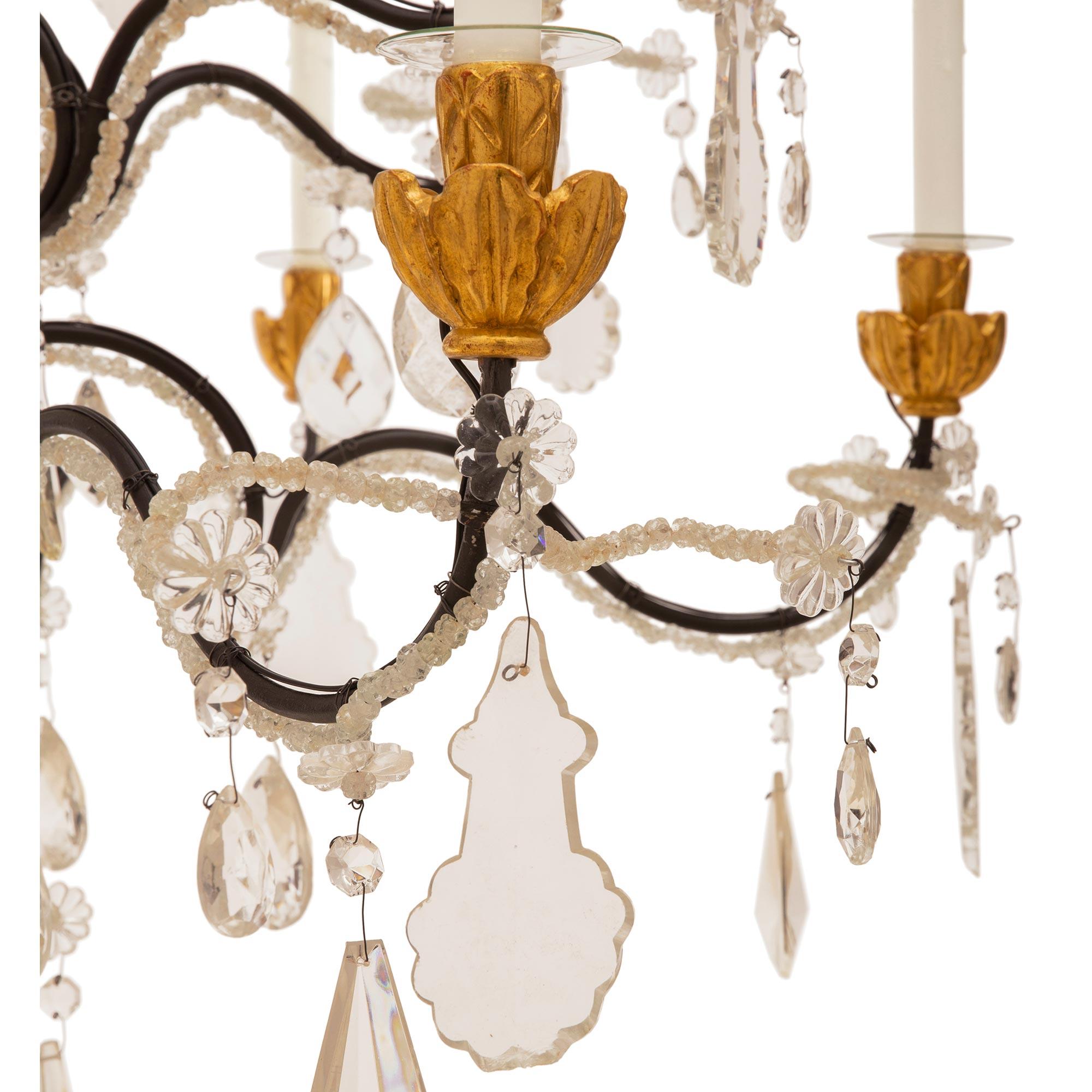 Italian 19th Century Genovese St. Giltwood, Wrought Iron & Crystal Chandelier For Sale 4