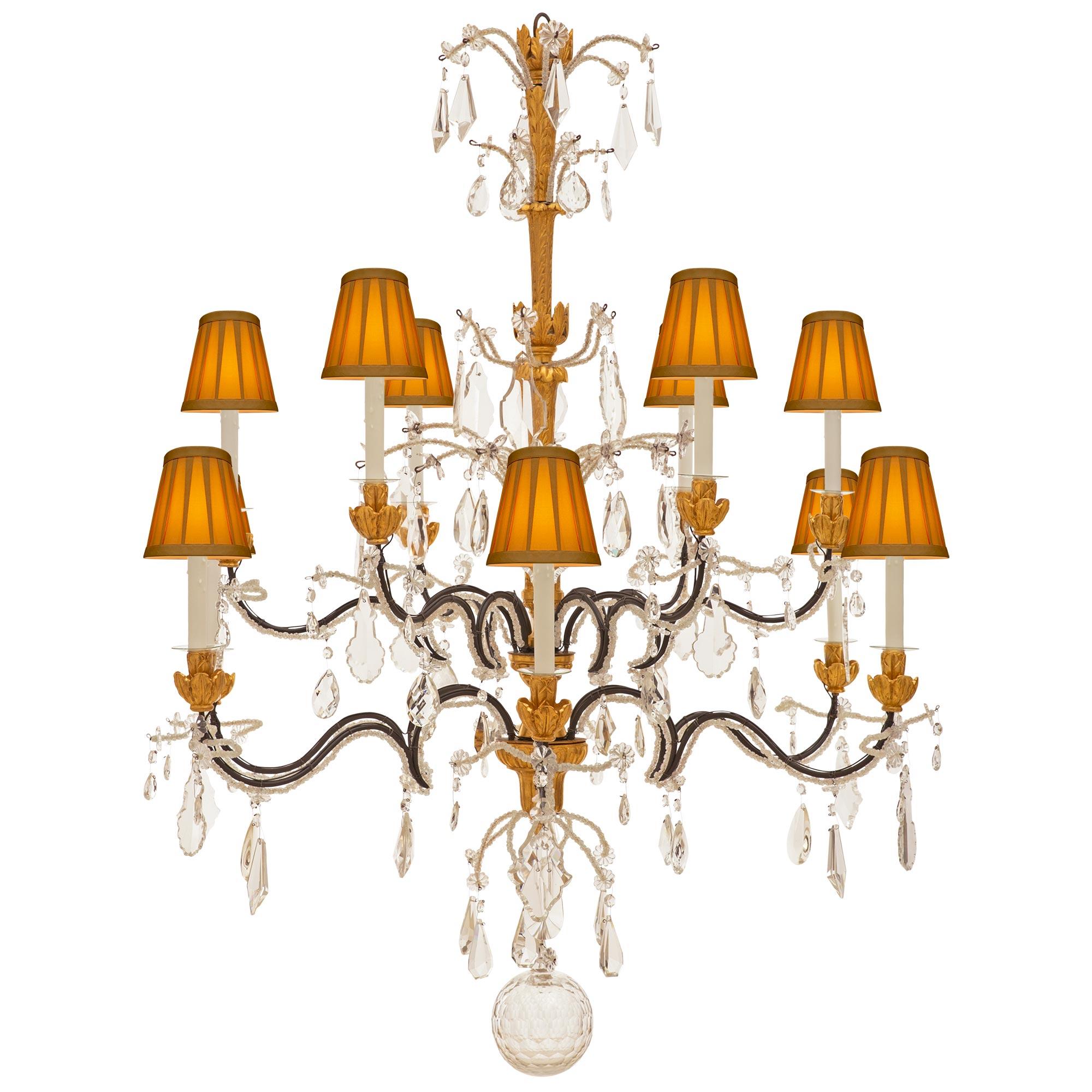 Italian 19th Century Genovese St. Giltwood, Wrought Iron & Crystal Chandelier For Sale
