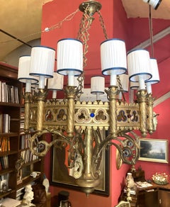 Italian 19th Century Gilt Bronze and Enameld Neo Gothic 12 Lighs Chandelier