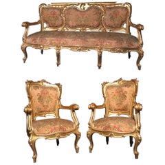 Antique Italian 19th Century Gilt Living Room Suite with a Sofa and Pair of Armchairs