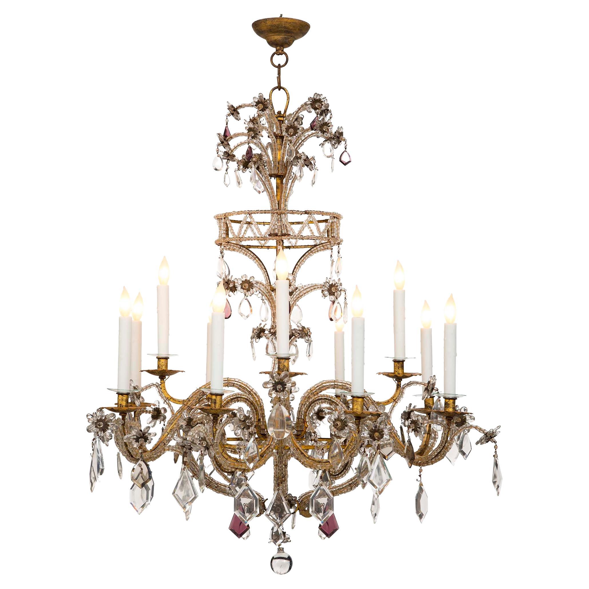  Italian 19th Century Gilt Metal, Crystal and Glass Twelve Arm Chandelier