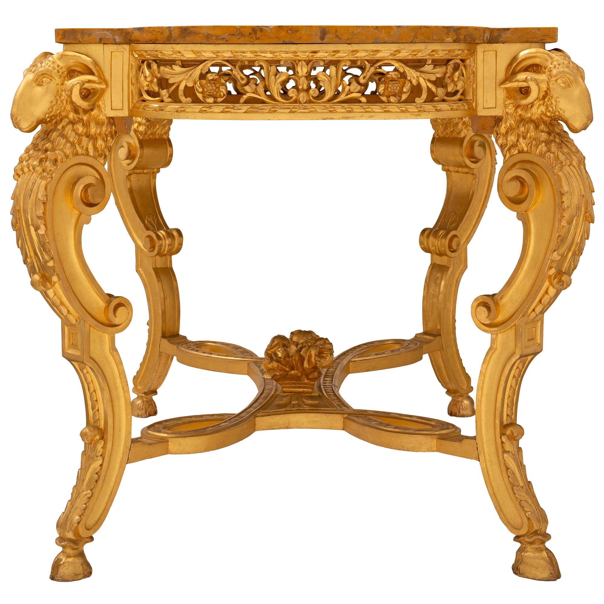 Italian 19th Century Giltwood and Giallo Reale Marble Center Table For Sale 1