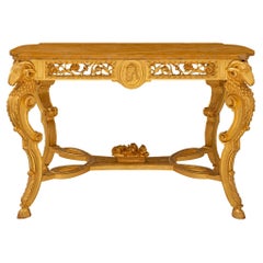 Table centrale italienne du 19ème siècle en bois doré et marbre Giallo Reale