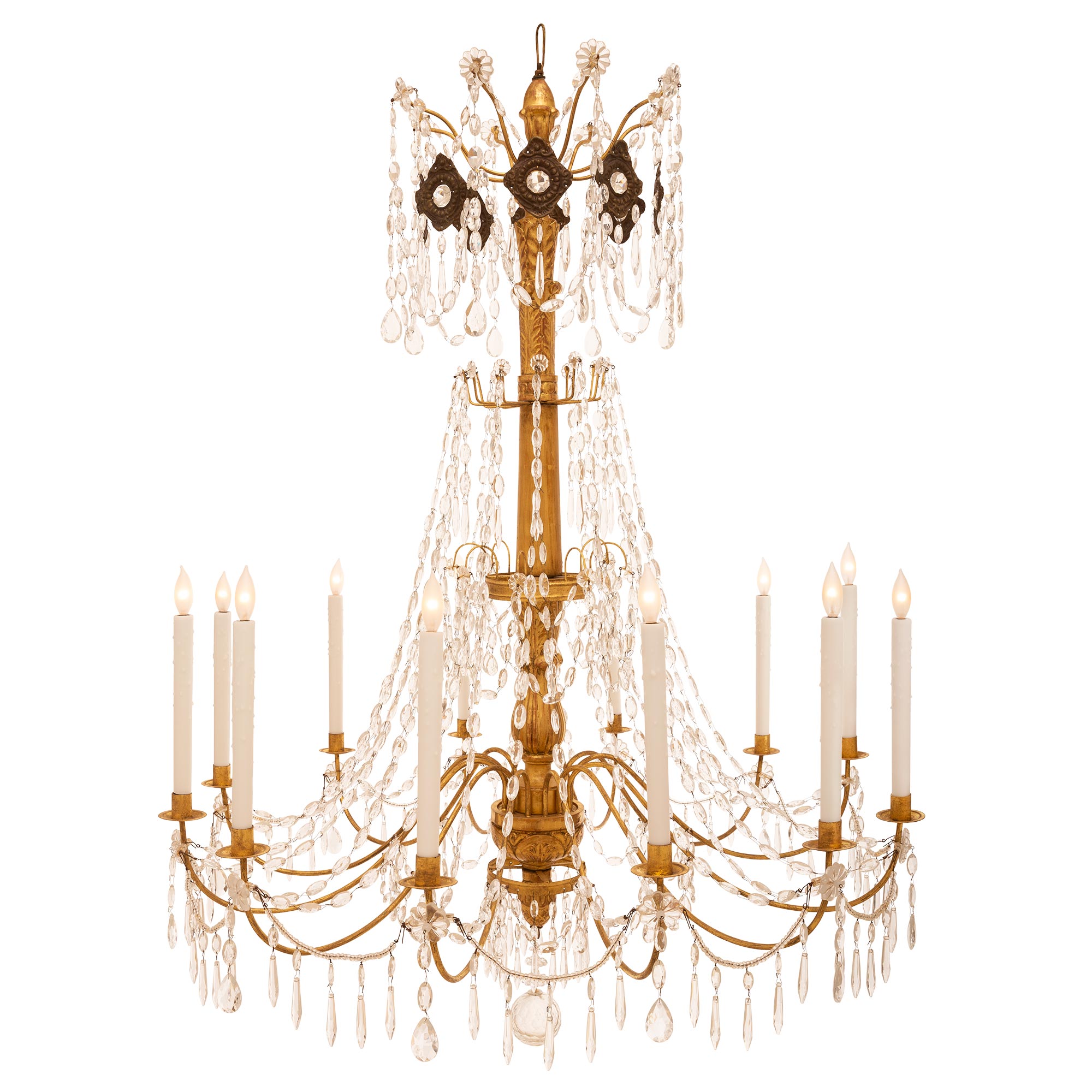 Italian 19th Century Giltwood and Gold Leaf on Metal Chandelier For Sale