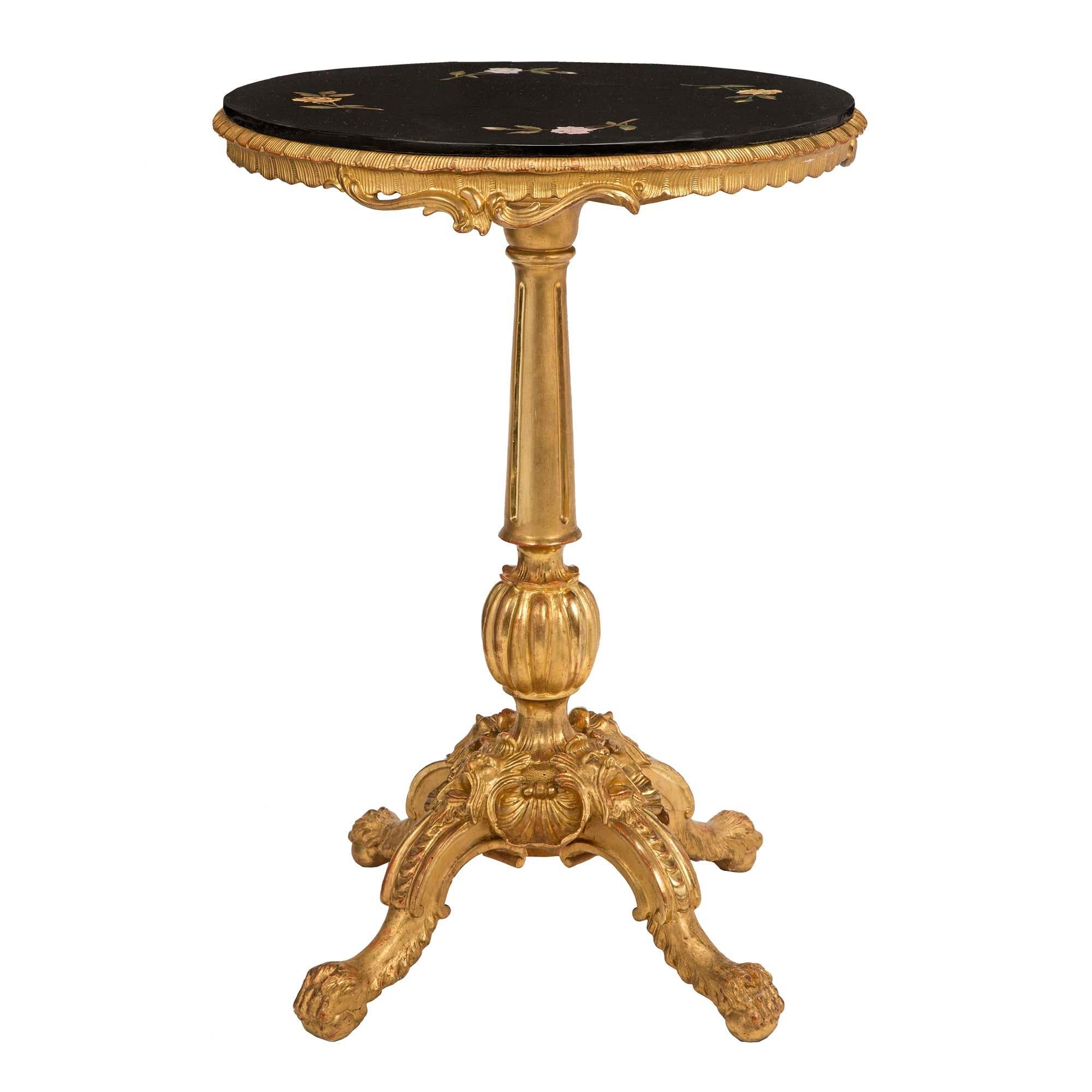 Leather Italian 19th Century Giltwood and Pietra Dura Marble Side Table For Sale