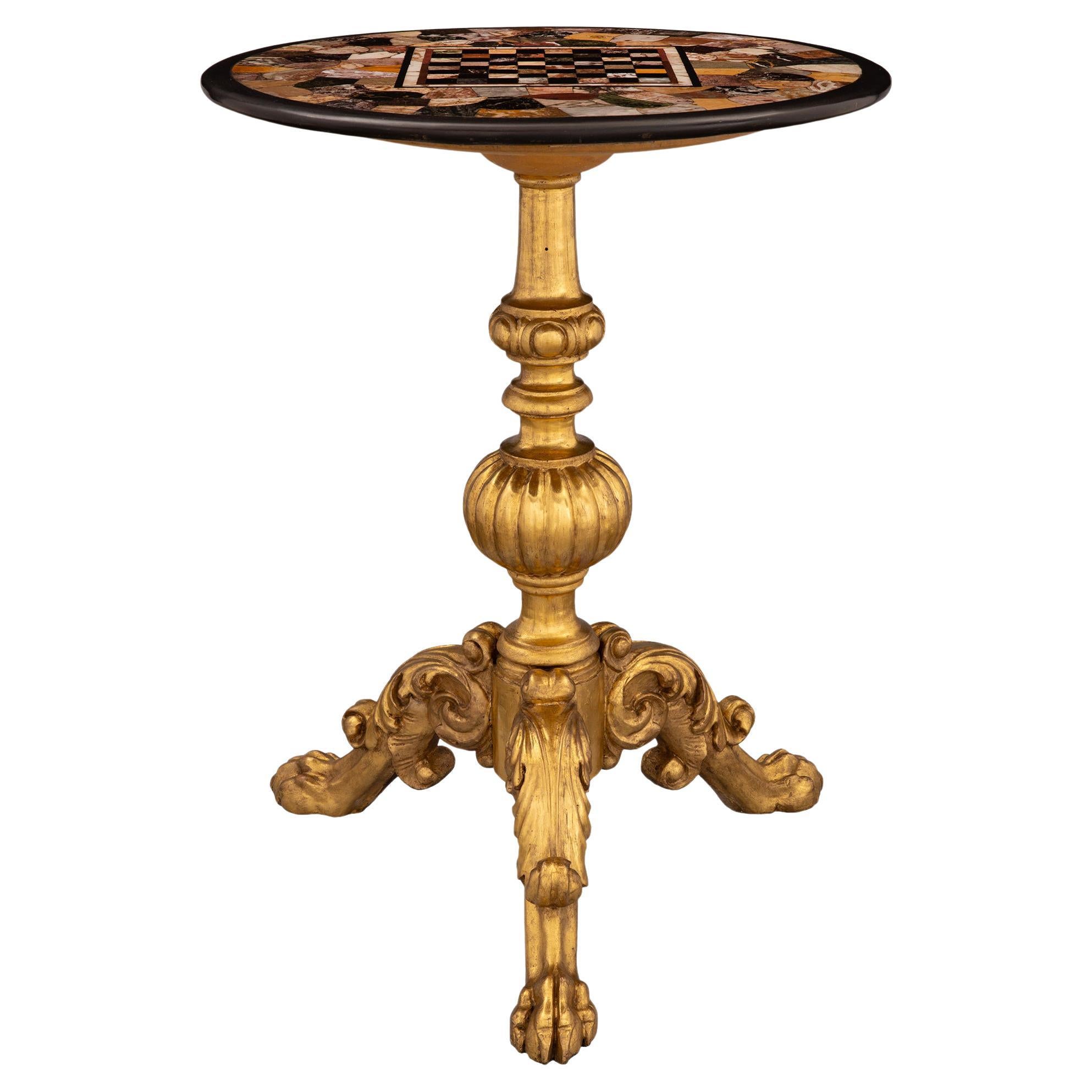 Table d'appoint italienne du 19ème siècle en bois doré et marbre Pietra Dura