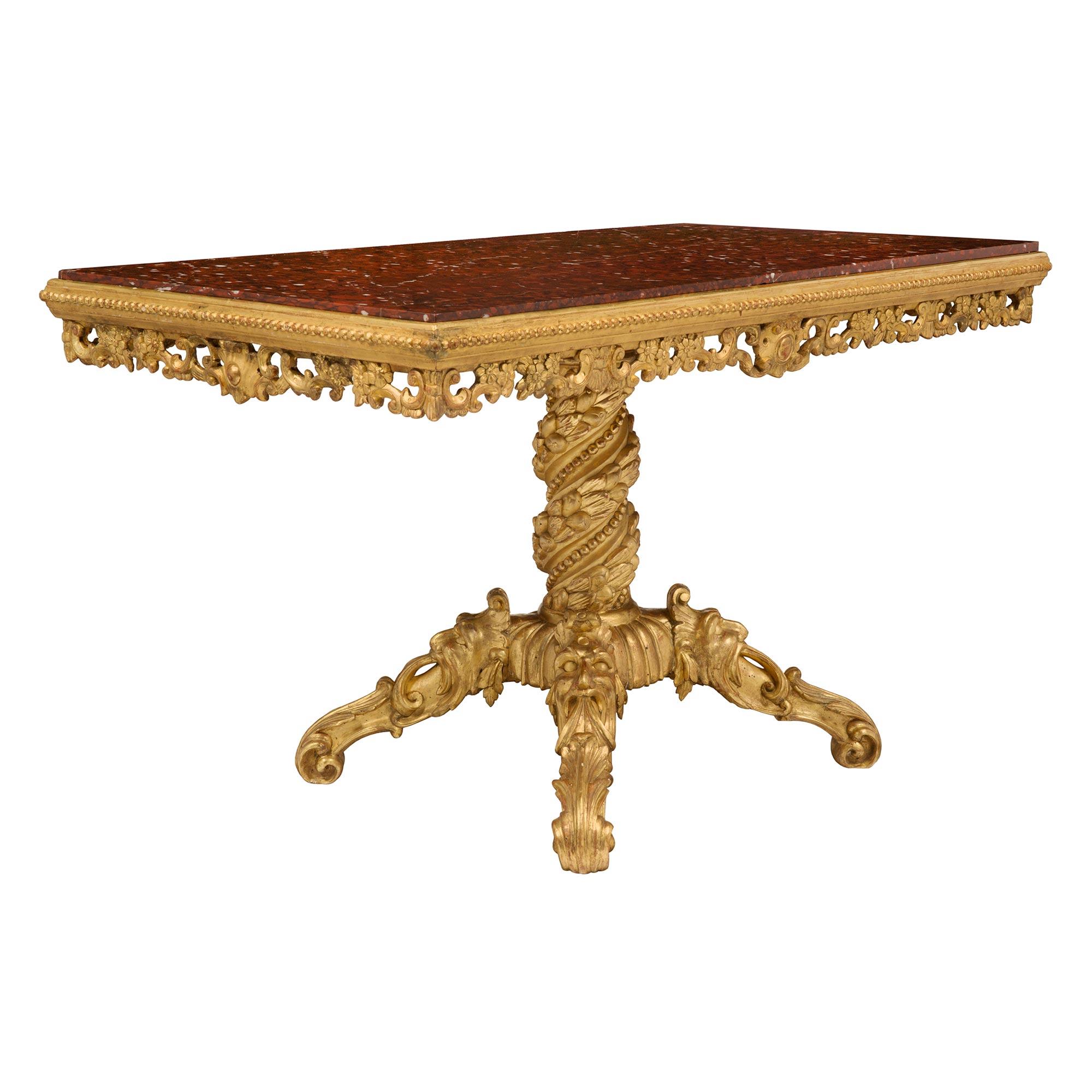 Italian 19th Century Giltwood and Rouge Griotte Marble Center Table In Good Condition For Sale In West Palm Beach, FL