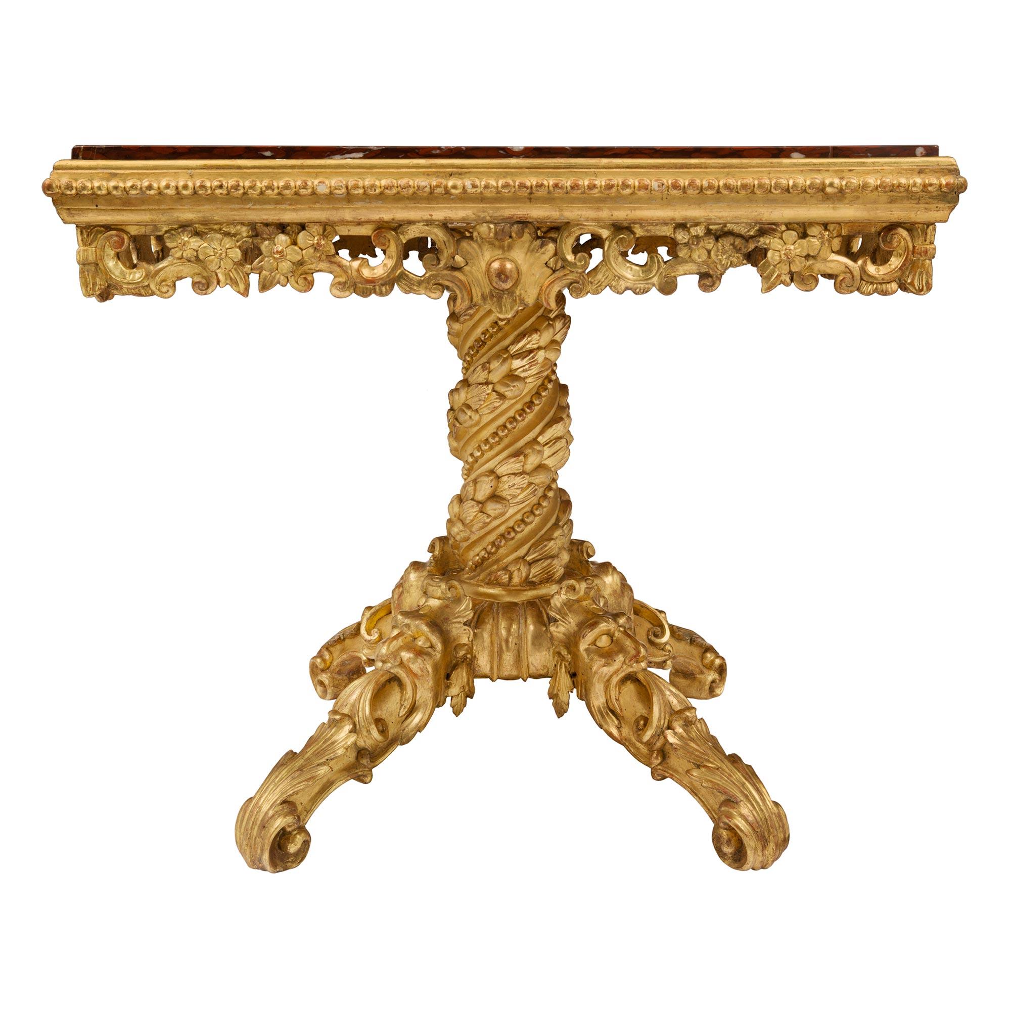 Italian 19th Century Giltwood and Rouge Griotte Marble Center Table For Sale 1