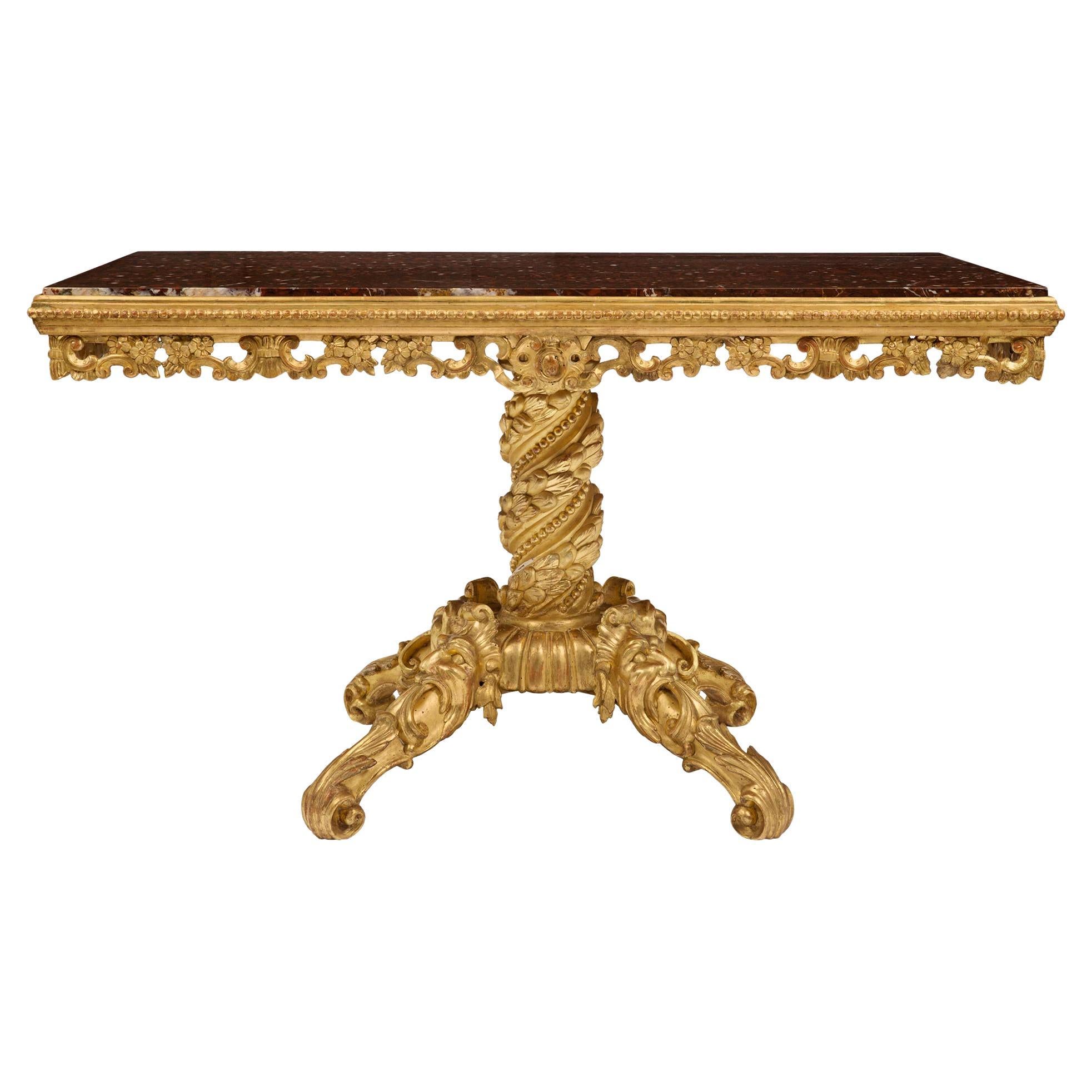 Italian 19th Century Giltwood and Rouge Griotte Marble Center Table For Sale