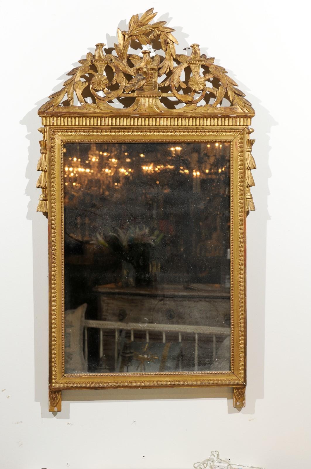 Italian 19th Century Giltwood Crested Mirror with Carved Birds and Olive Wreath 3