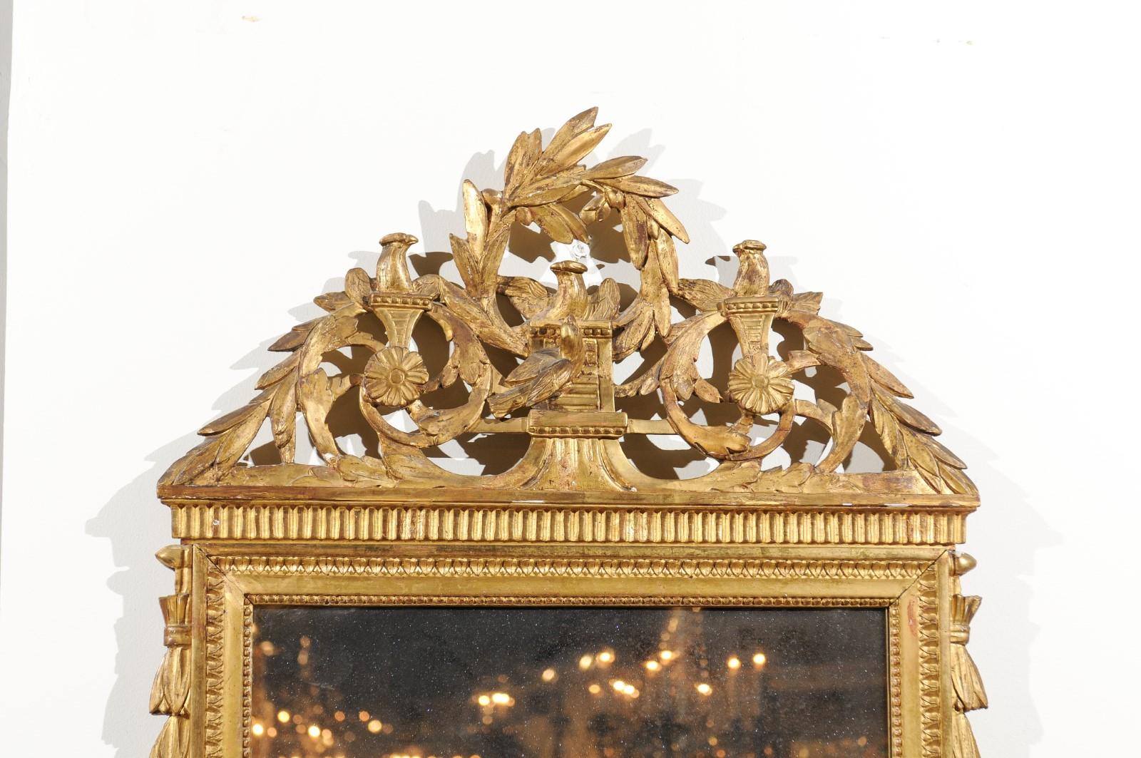 Italian 19th Century Giltwood Crested Mirror with Carved Birds and Olive Wreath 5