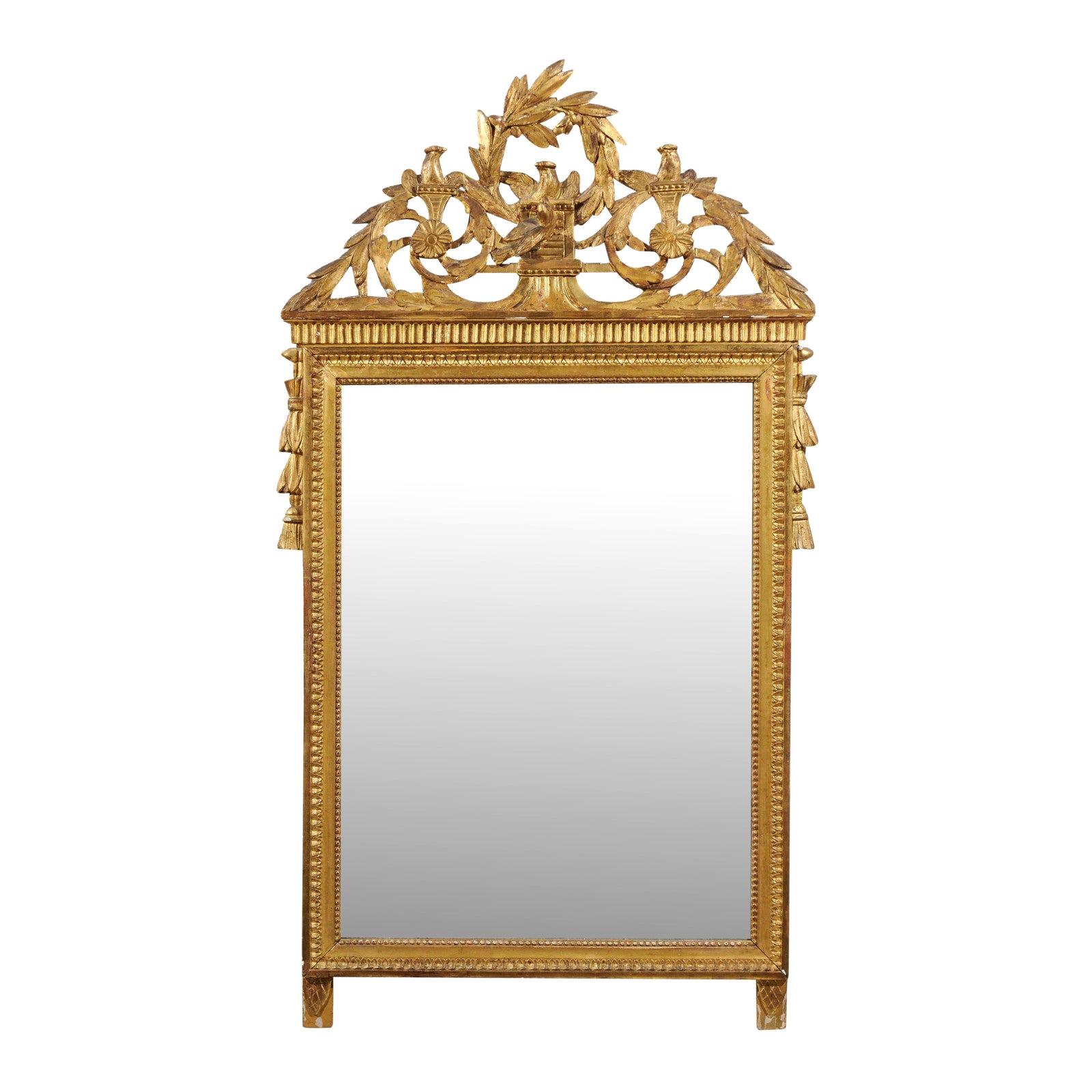 Italian 19th Century Giltwood Crested Mirror with Carved Birds and Olive Wreath