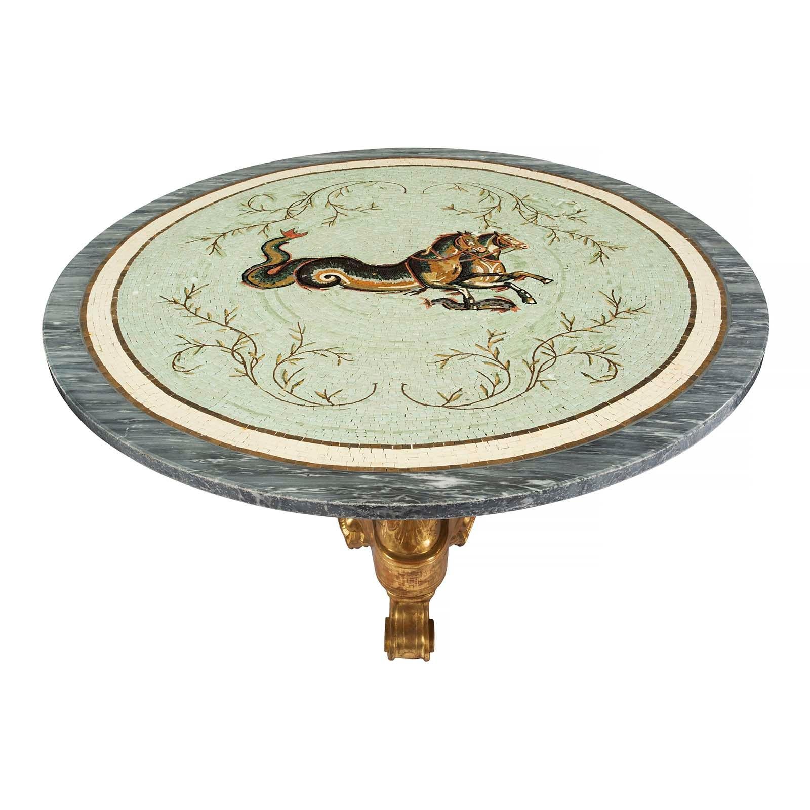 Italian 19th Century Giltwood, Marble and Mosaic Circular Coffee Table In Good Condition In West Palm Beach, FL