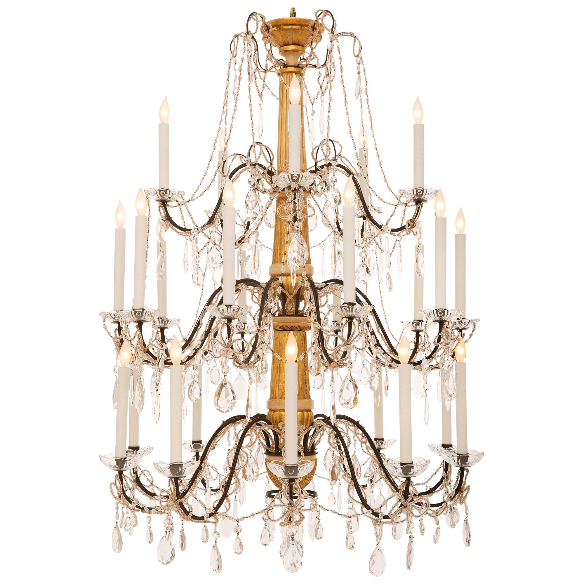 Lustre italien du XIXe siècle en bois doré, bois patiné, fer et cristal