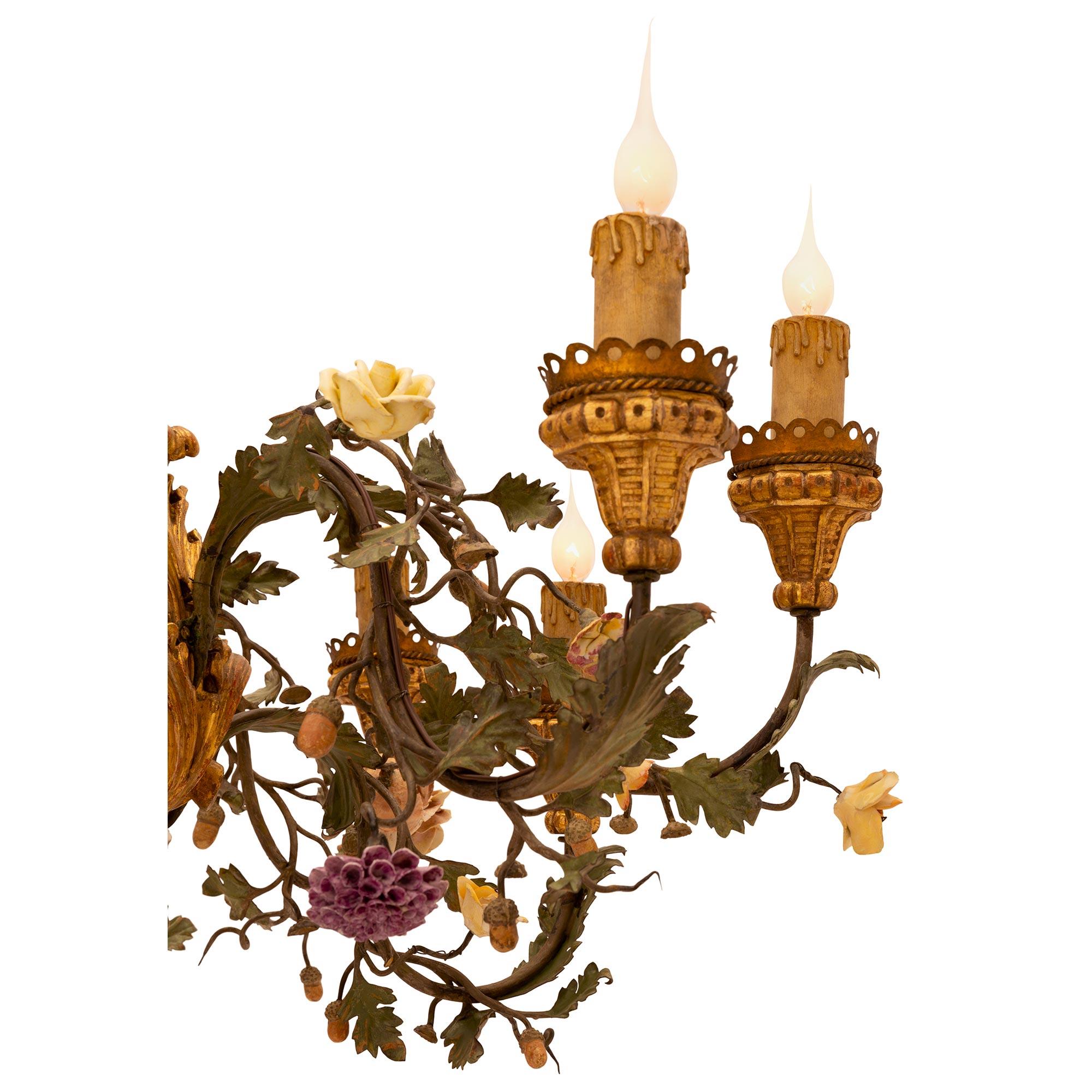 Italian 19th Century Giltwood, Porcelain, and Patinated Iron Chandelier For Sale 3